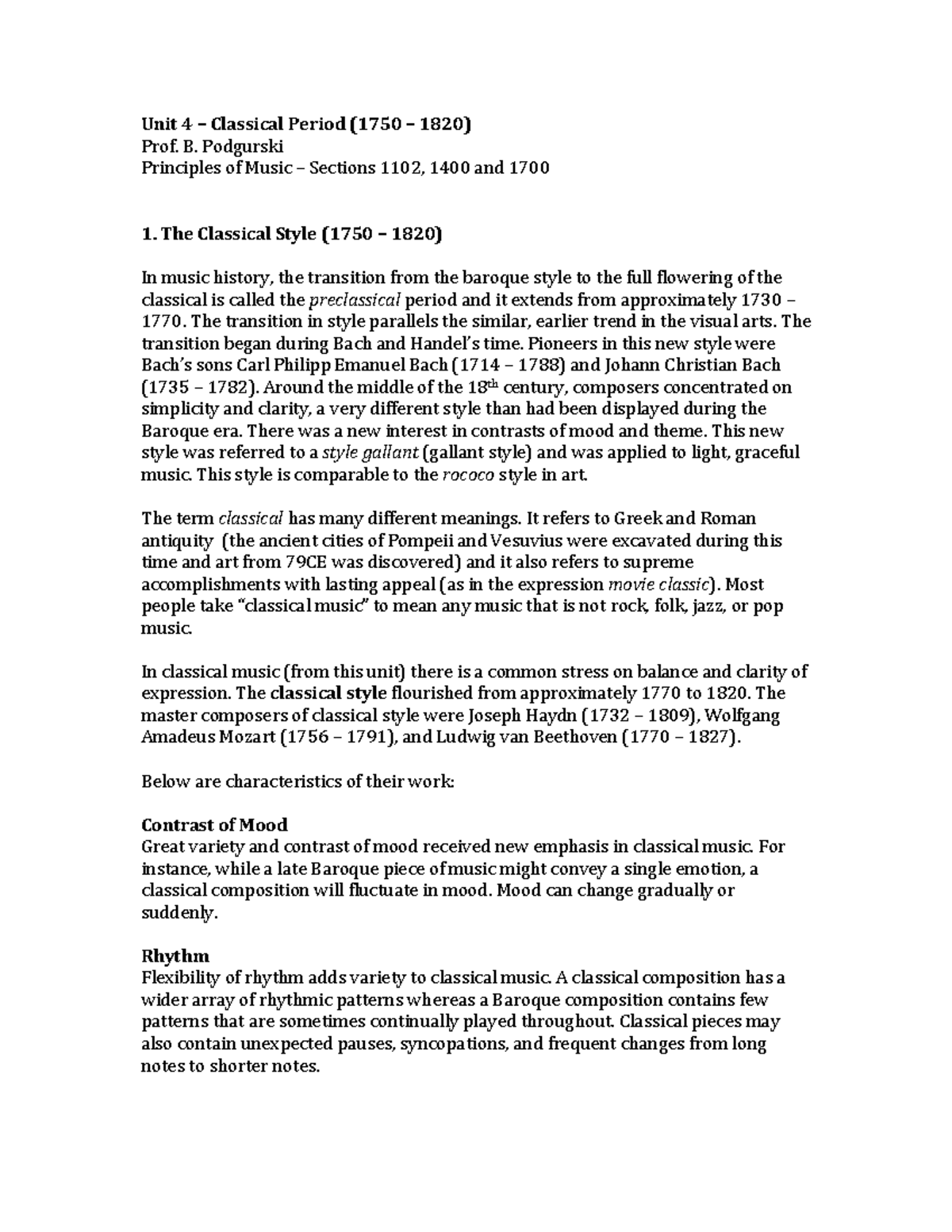 Unit 4: Overview of the Classical Period in Music (1750-1820) - Studocu