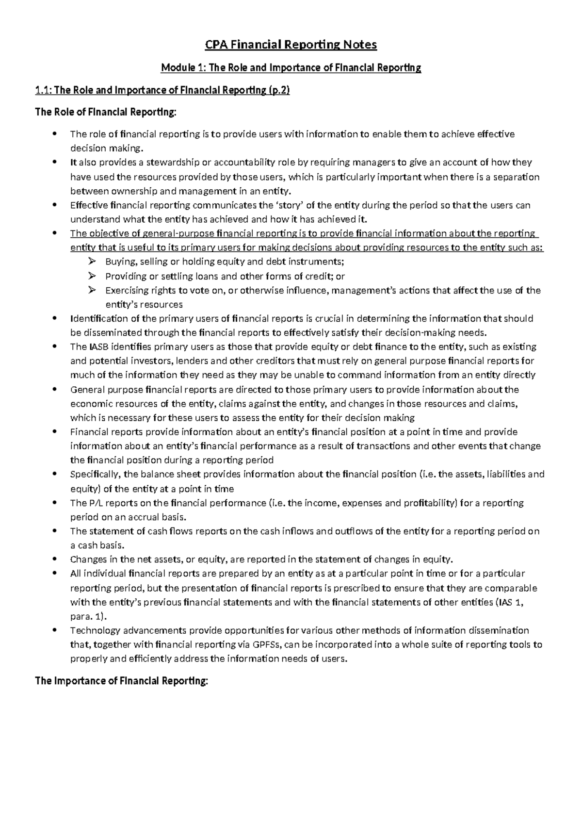 Main Notes - CPA FR - Financial Reporting Overview and Key Concepts ...