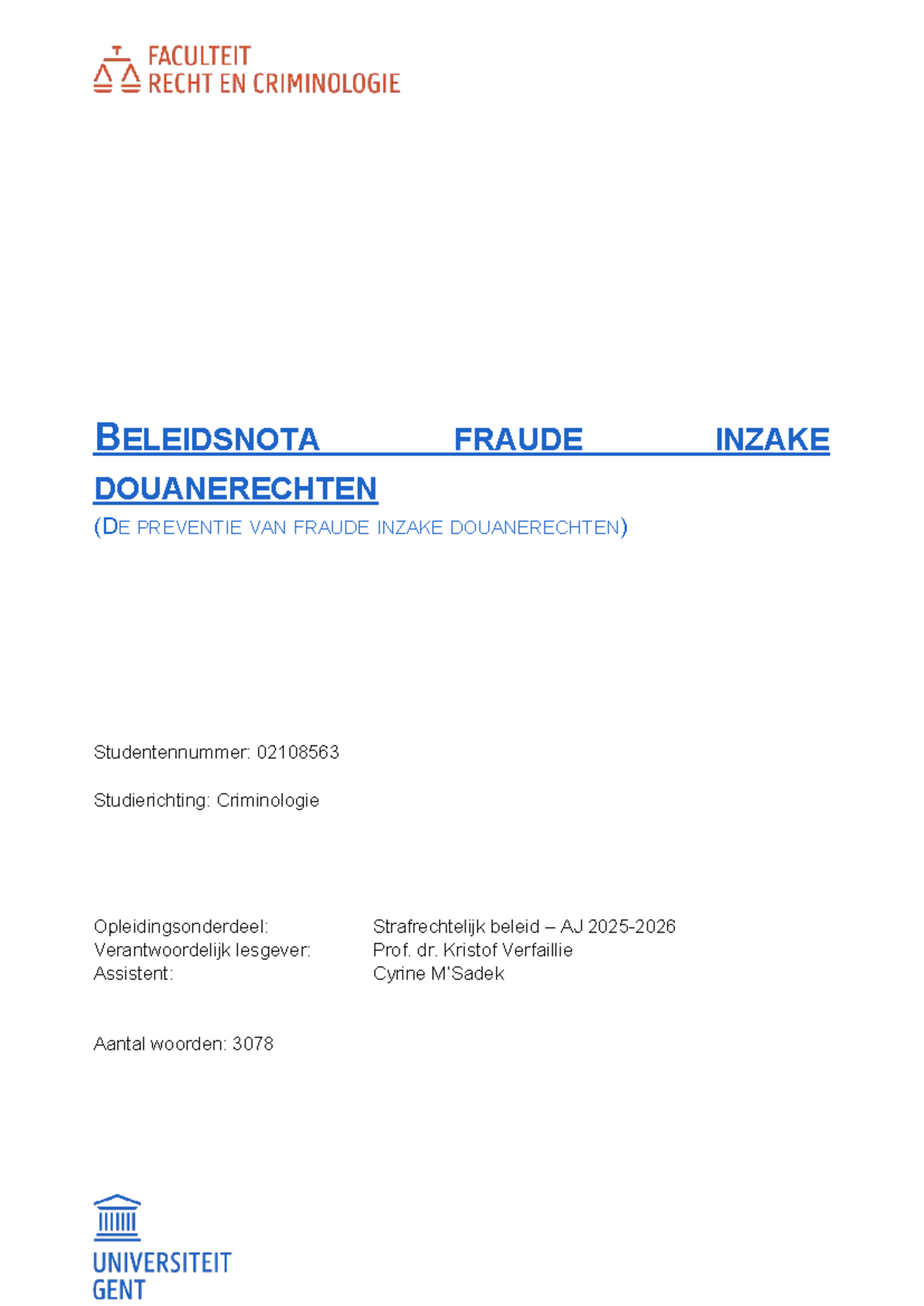 Beleidsnota Douanefraude: Preventie en Oplossingen AJ 2025-2026 - Studocu