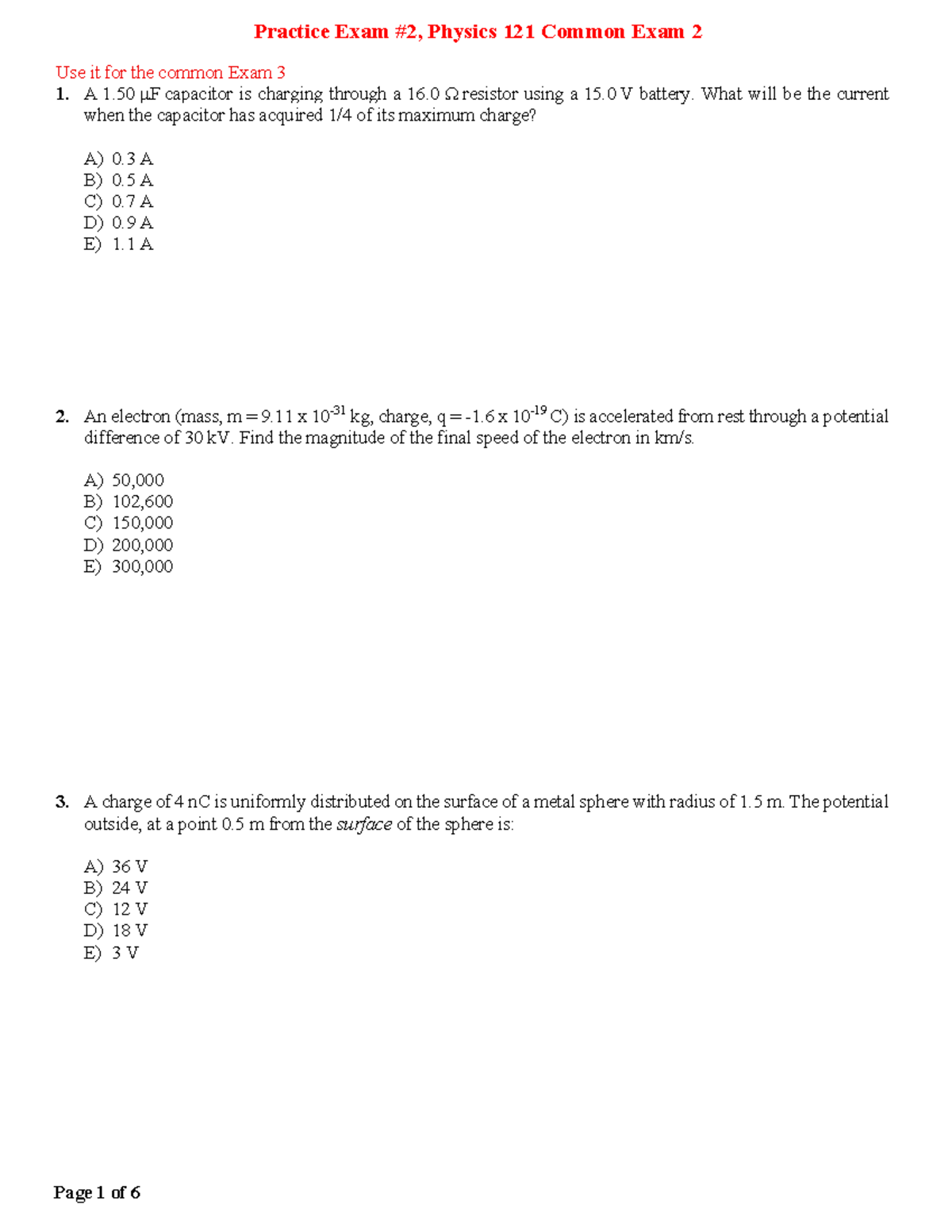 Practice Exam #2 Solutions for Physics 121 Common Exam 3 - Studocu