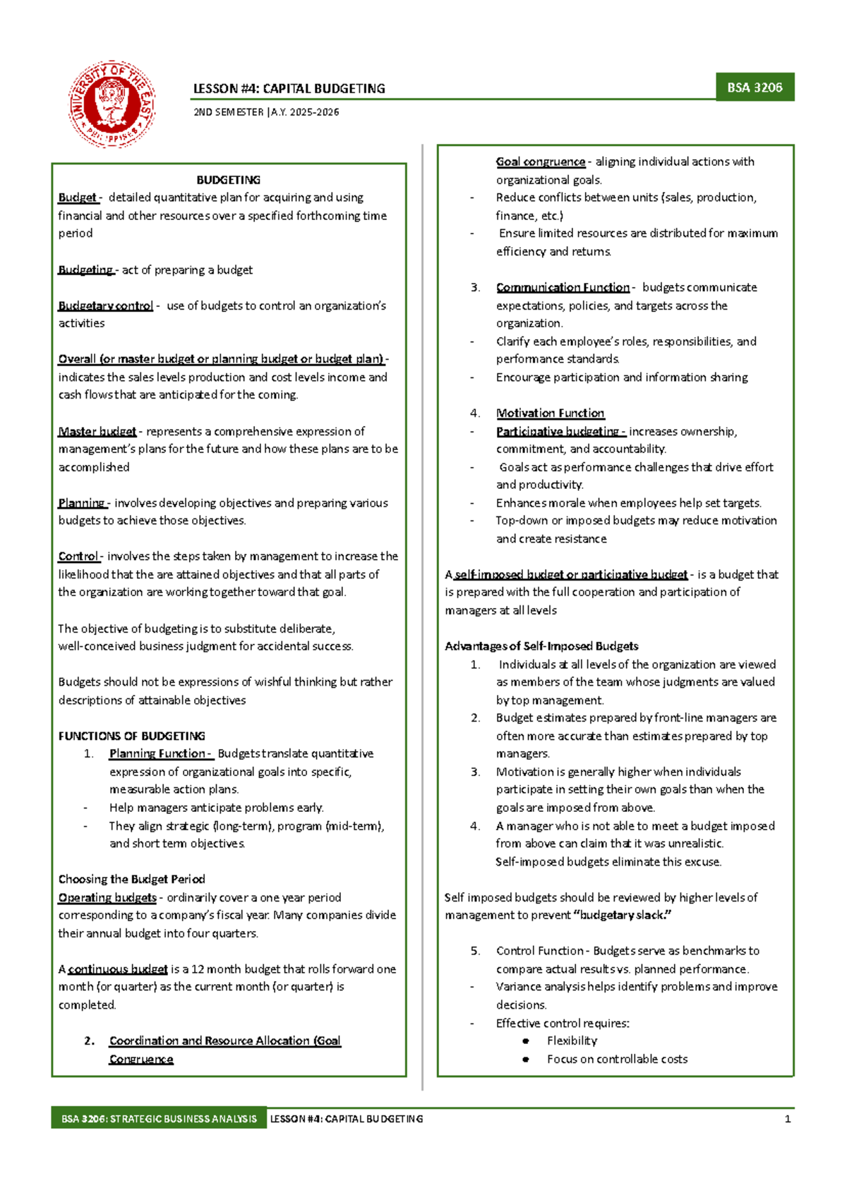BSA 3206 LESSON CAPITAL BUDGETING REVIEWER 2ND SEMESTER - Studocu