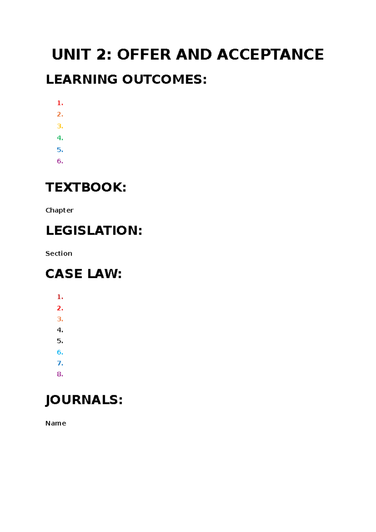 Weekly Notes Template - UNIT 2: OFFER AND ACCEPTANCE LEARNING OUTCOMES ...