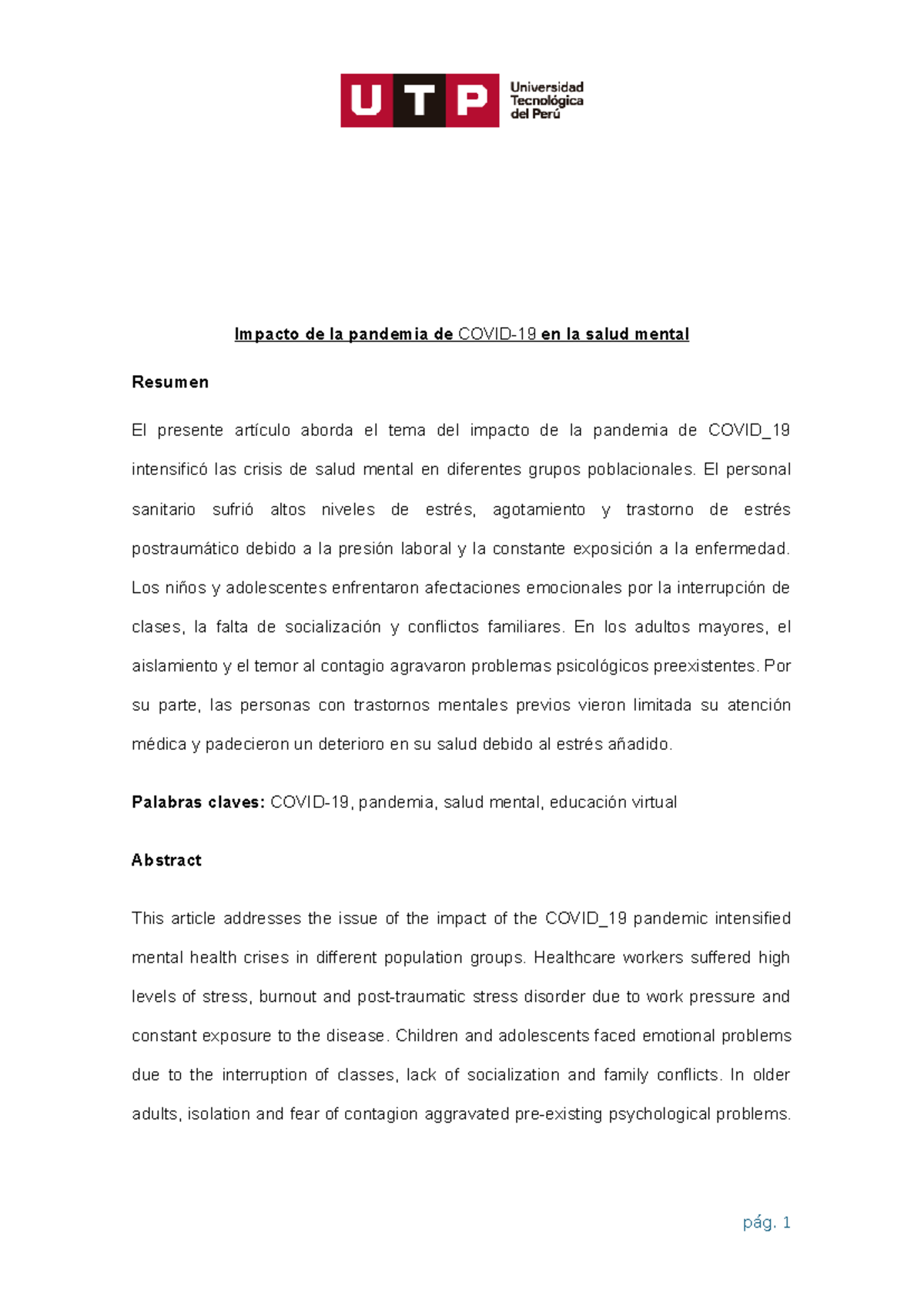 Impacto de la Pandemia en la Salud Mental (AC-S17) Informe Final - Studocu