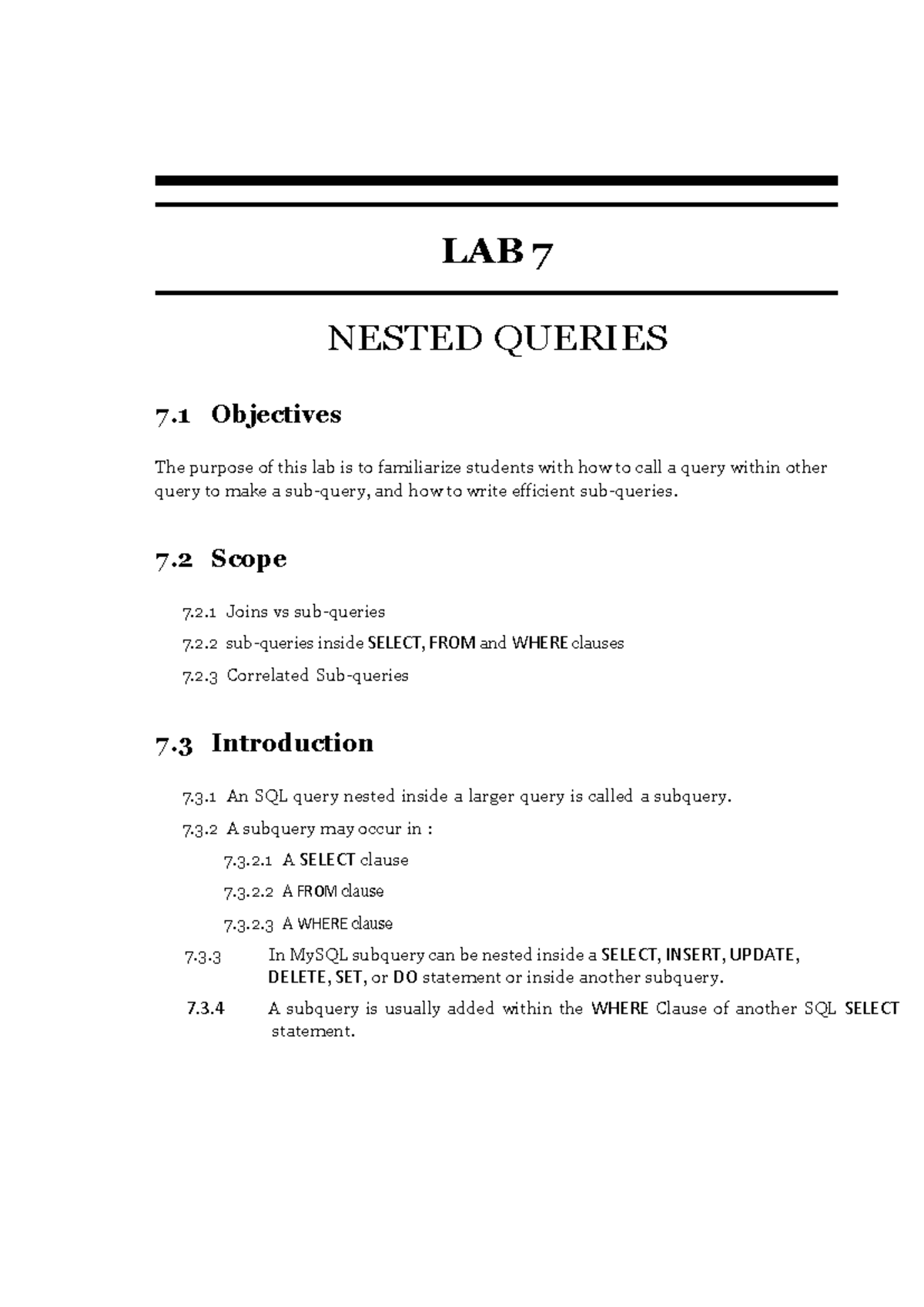 LAB 7: NESTED QUERIES - Understanding Subqueries in SQL - Studocu