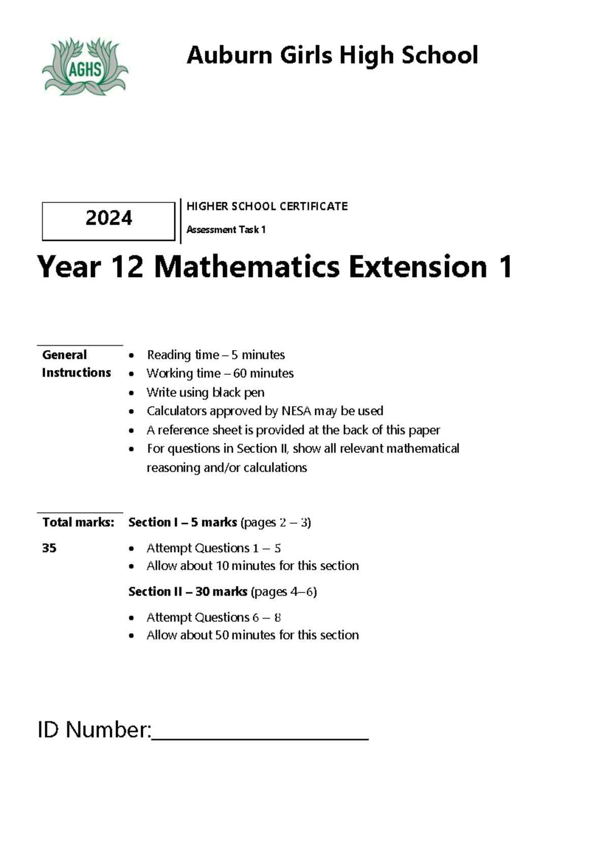 [2024] Year 12 Mathematics Extension 1 Assessment Task 1 - Studocu