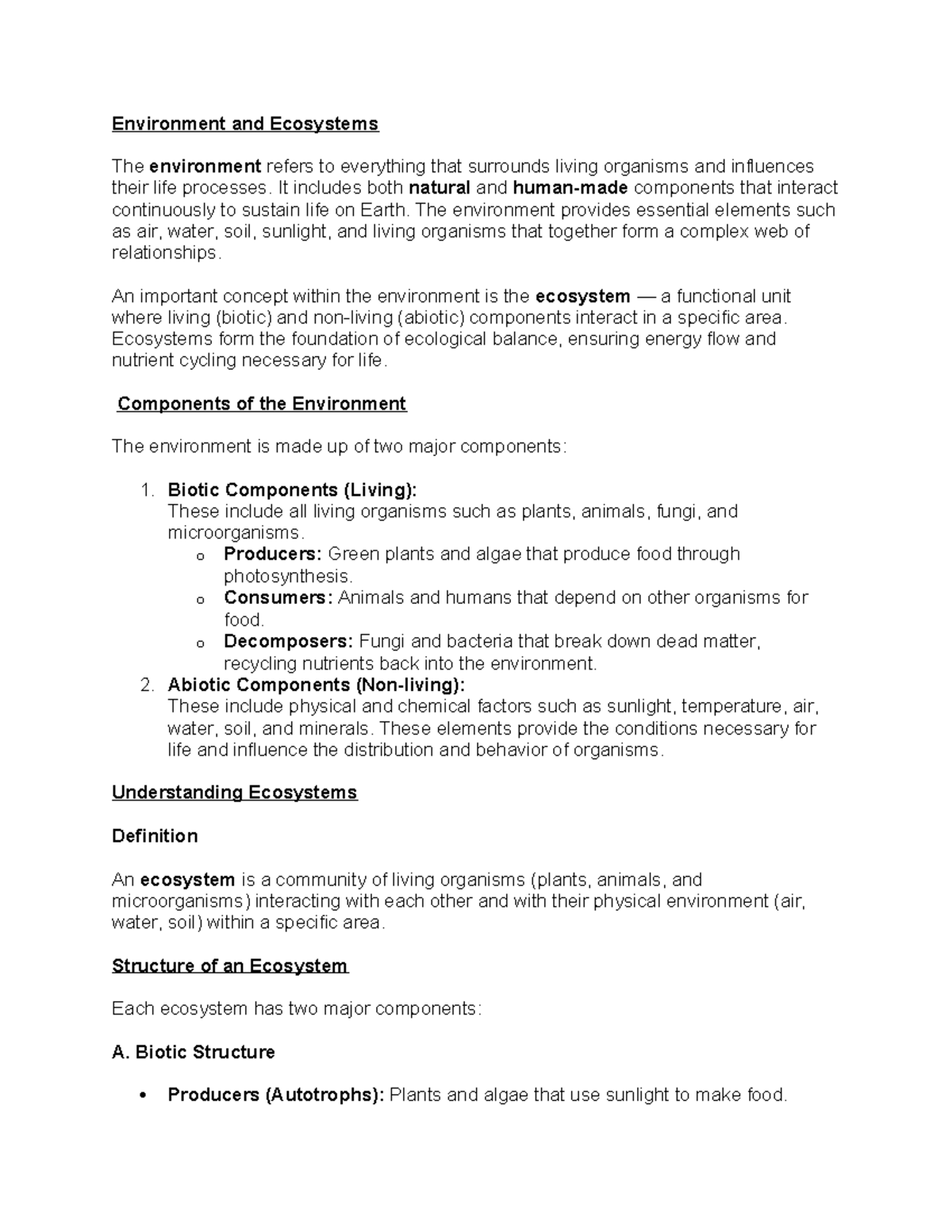 ENV 101: Understanding Environment and Ecosystems Overview - Studocu