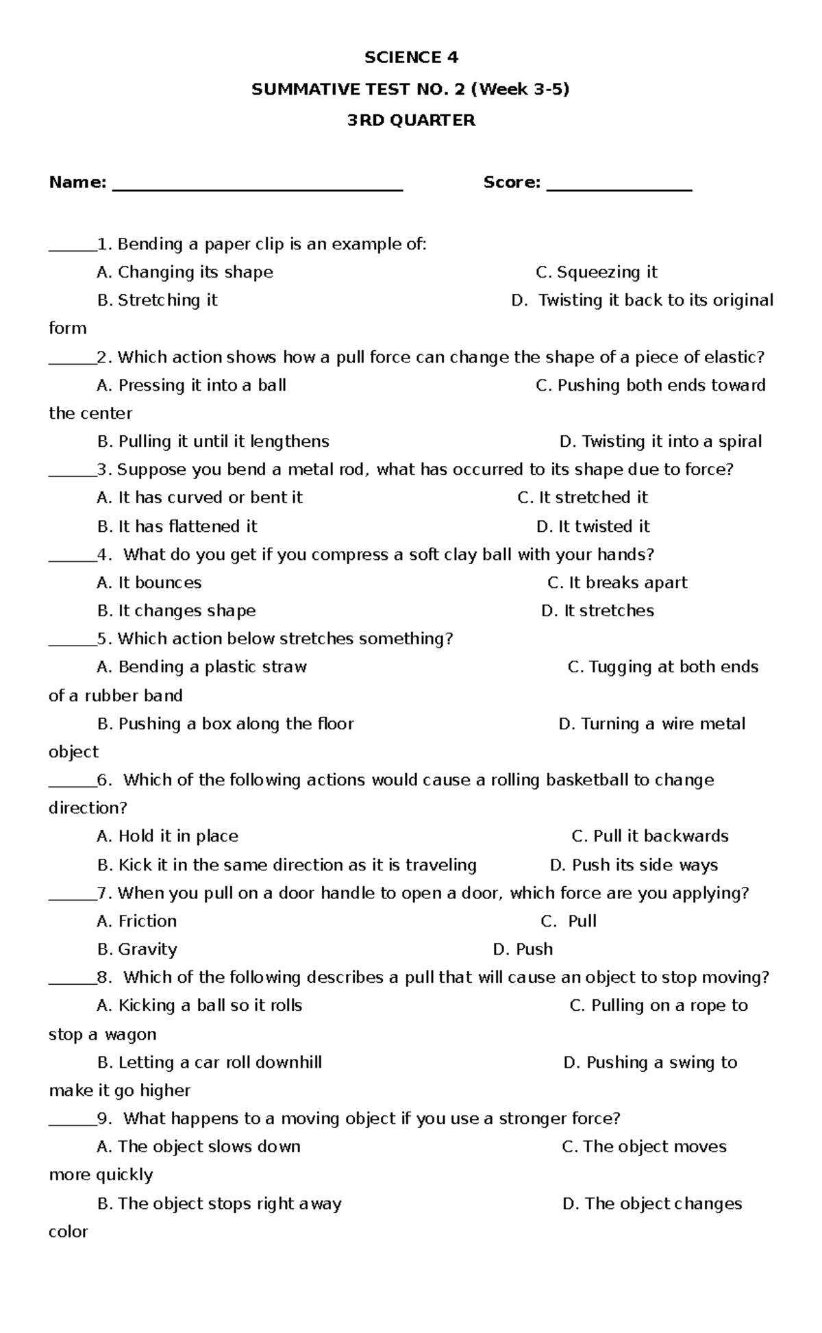 Summative W3-5 - test - SCIENCE 4 SUMMATIVE TEST NO. 2 (Week 3-5) 3RD ...