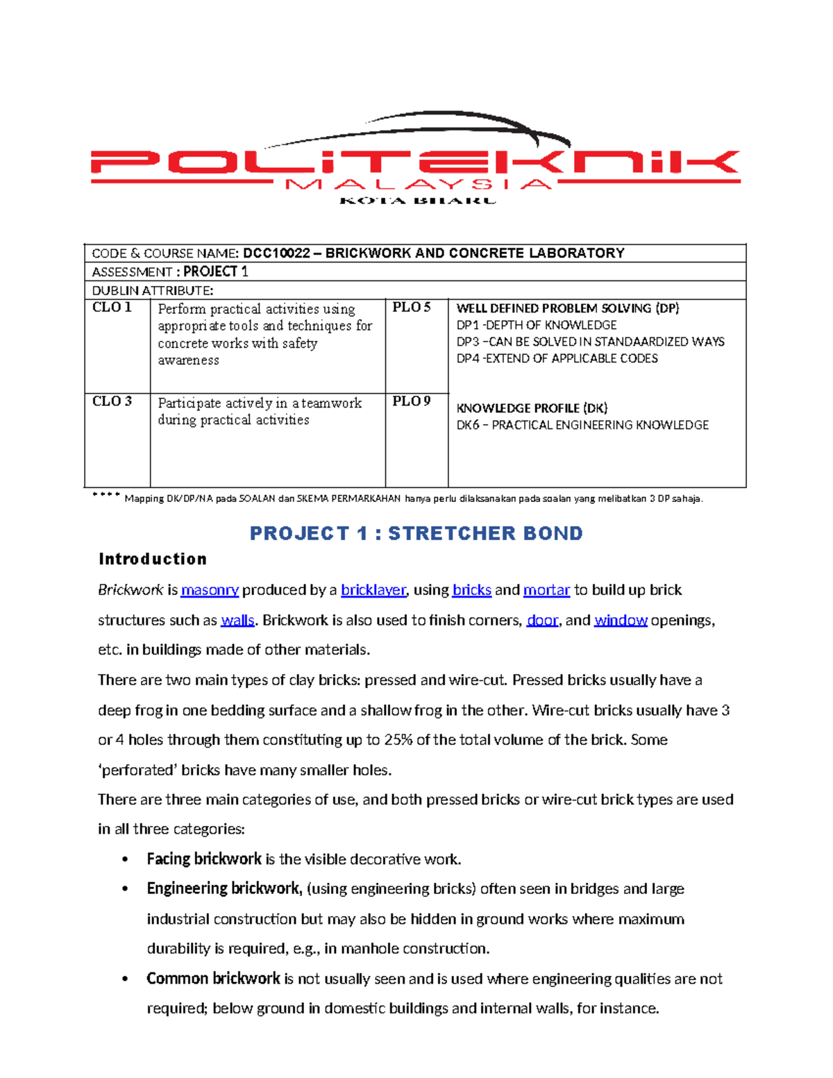 DCC10022 Brickwork & Concrete Lab: Project 1 - Stretcher Bond - Studocu