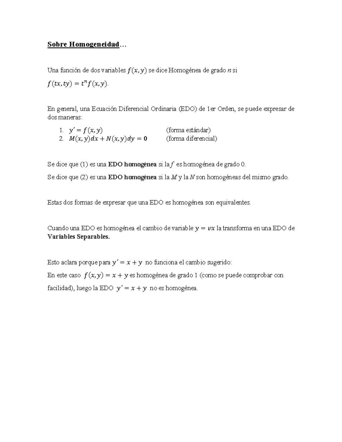 Sobre Homogeneidad - .. Una función de dos variables 𝑓𝑓(𝑥𝑥, 𝑦𝑦) se dice ...