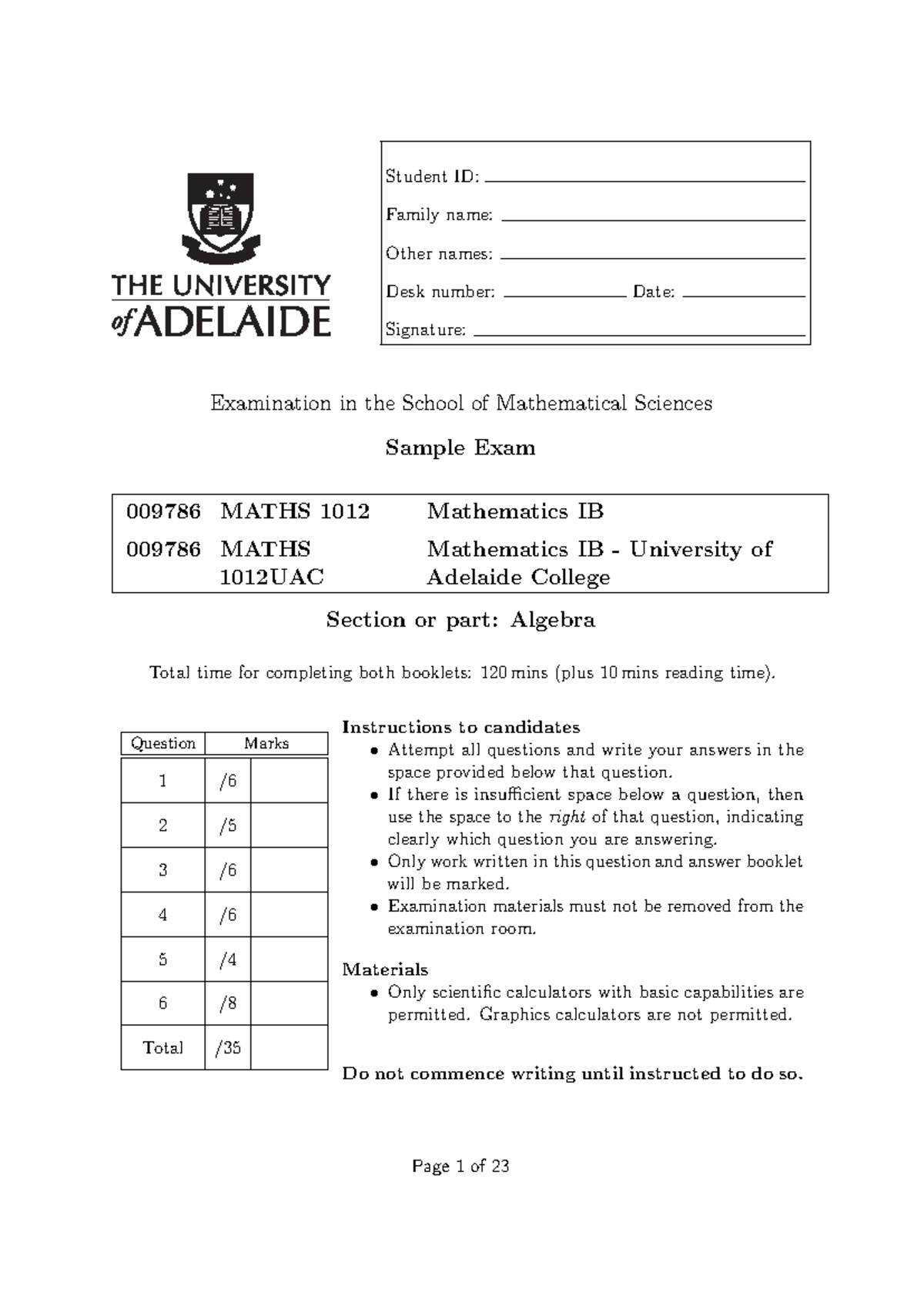 Sample/practice exam 2019, questions - Student ID: Family name: Other ...