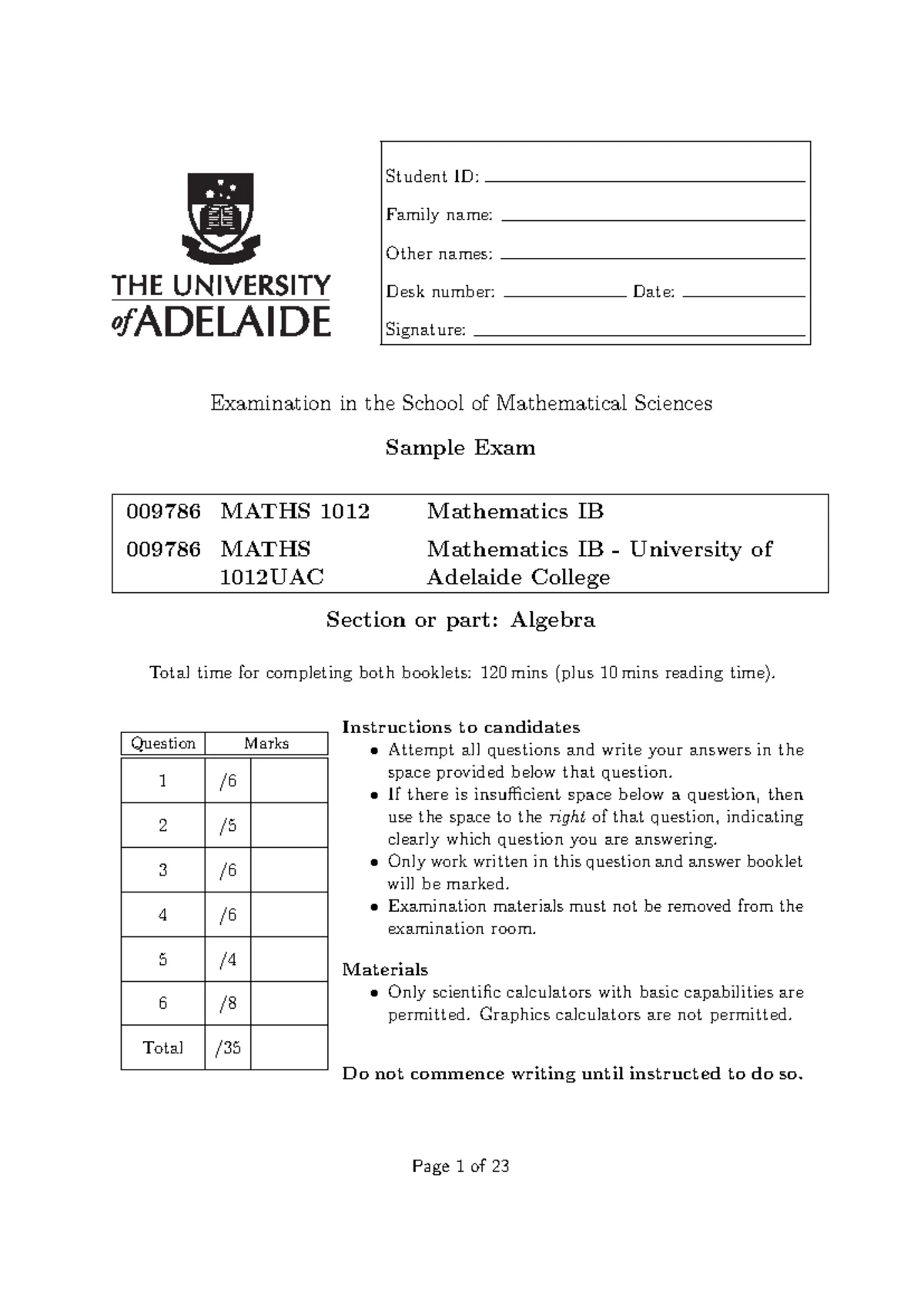 MATHS 1012BR Final Exam: Mathematics IB Algebra S2 2013 - Studocu
