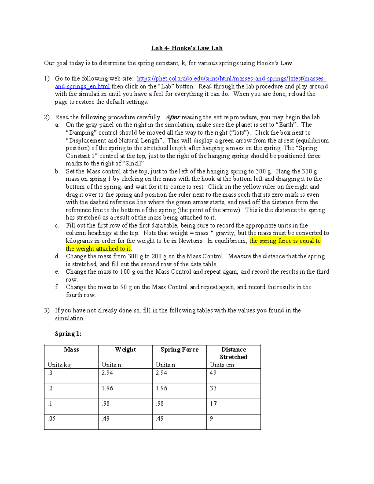 PHY110A Online Lab 4: Hooke's Law Experiment Guide - Studocu