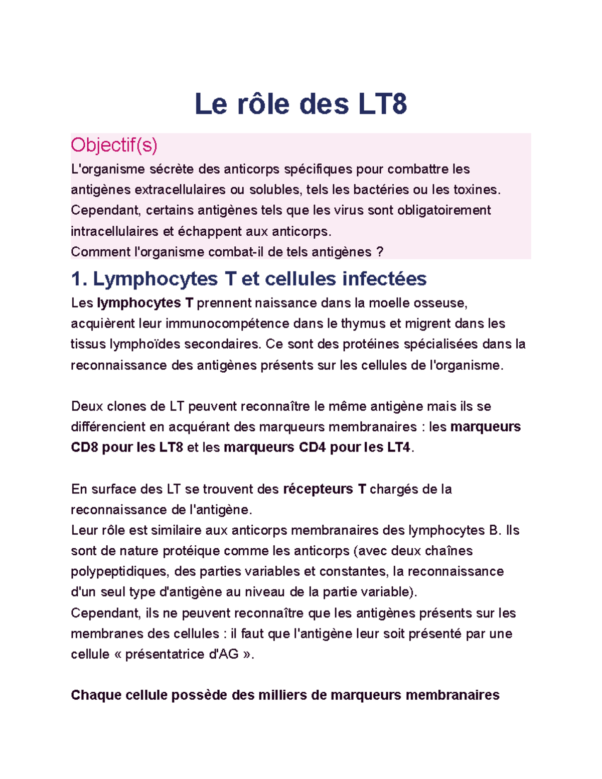 Le rôle des Lymphocytes T8 dans la réponse immunitaire - Studocu