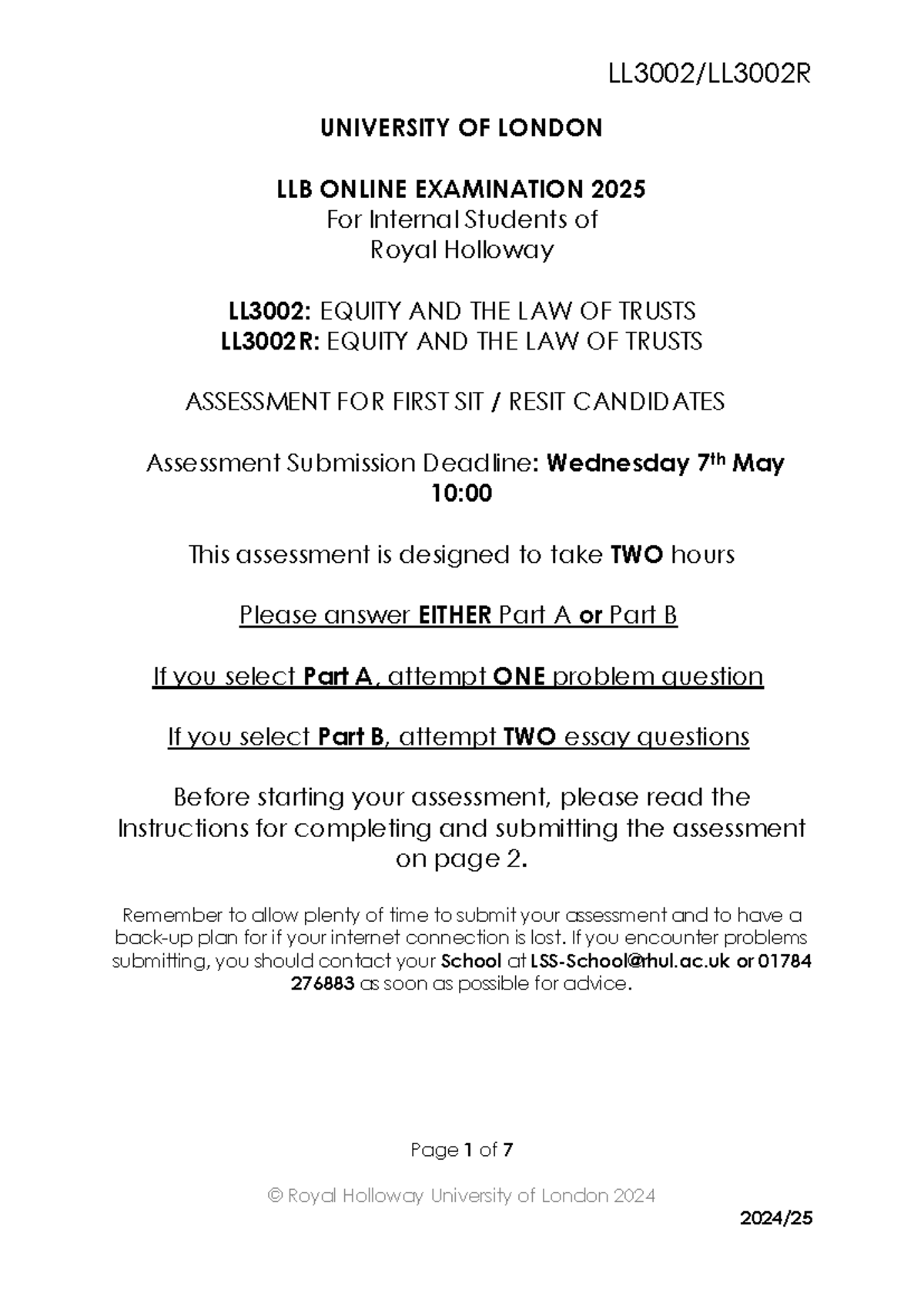 LL3002: Equity and Trusts Summer Online Exam May 2025 Sit - Studocu