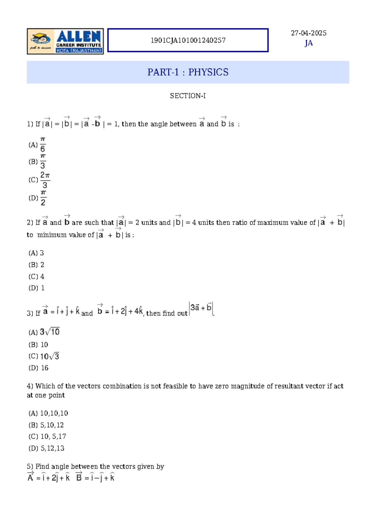 Allen Test Paper 1: Physics & Chemistry Questions and Answers - Studocu