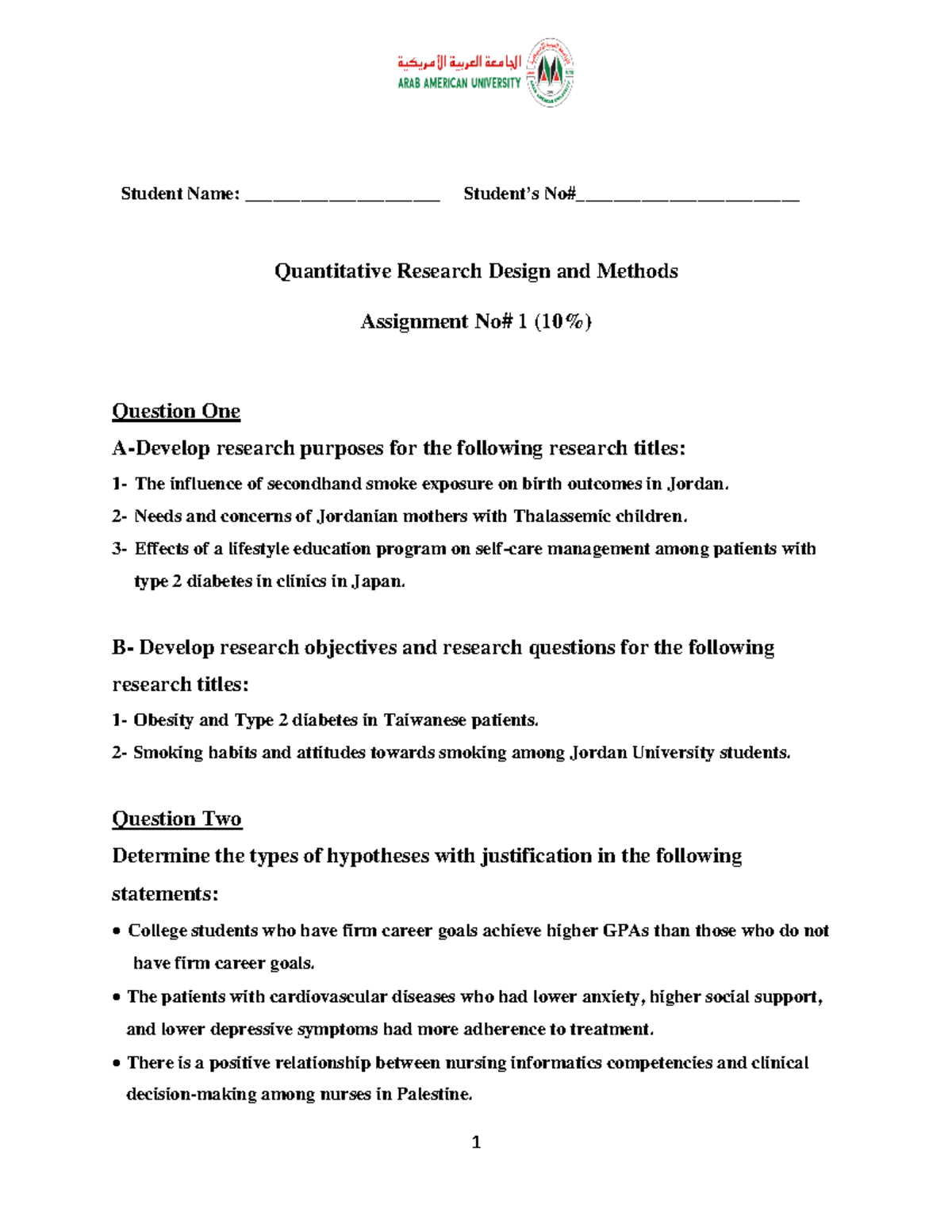 Quantitative Research Methods & Design: Assignment No 1 Analysis - Studocu