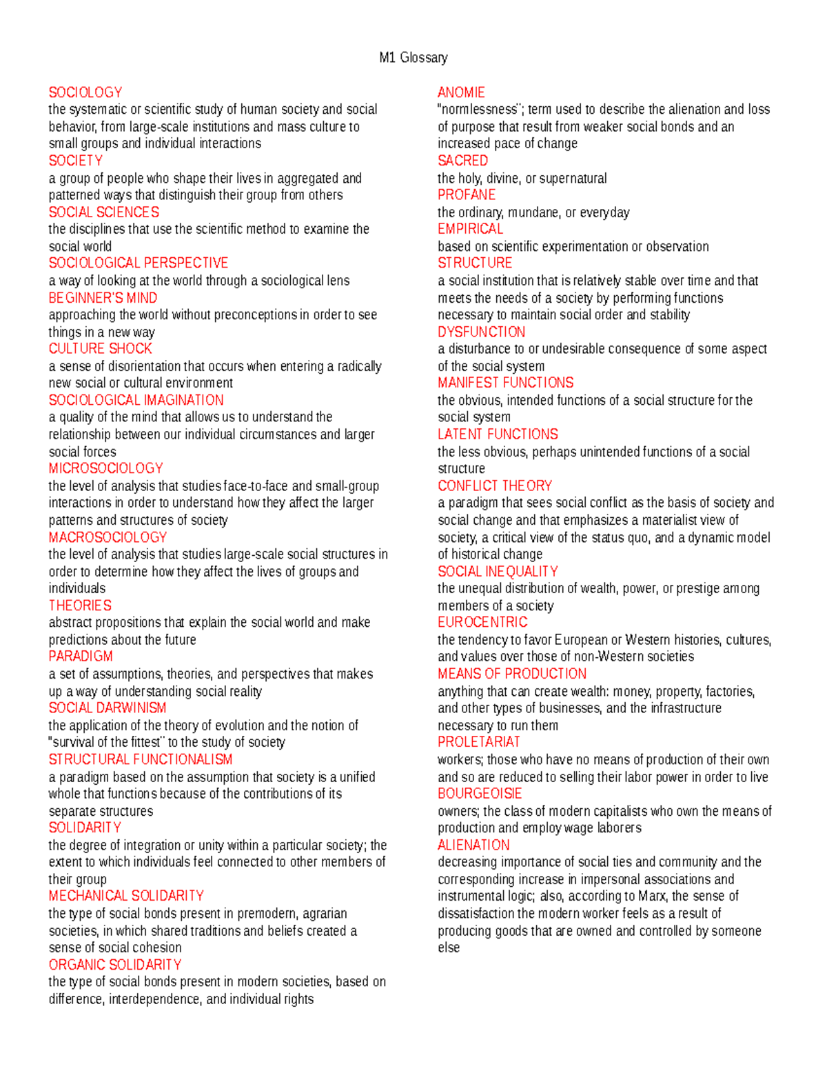 Sociology M1: Key Concepts and Theories Glossary for Students - Studocu