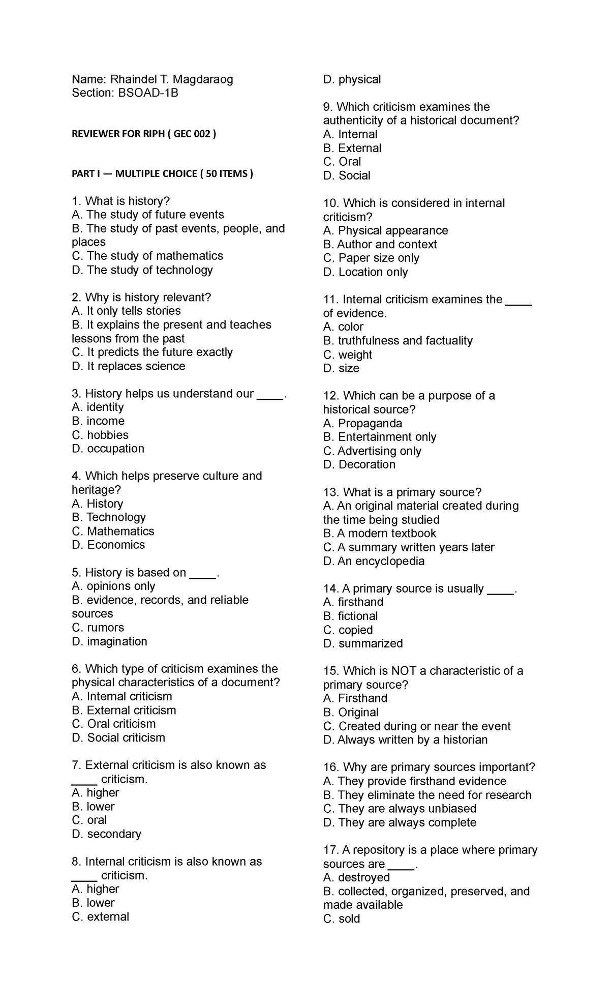 Reviewer for RIPH (GEC 002): History Multiple Choice & Identification ...