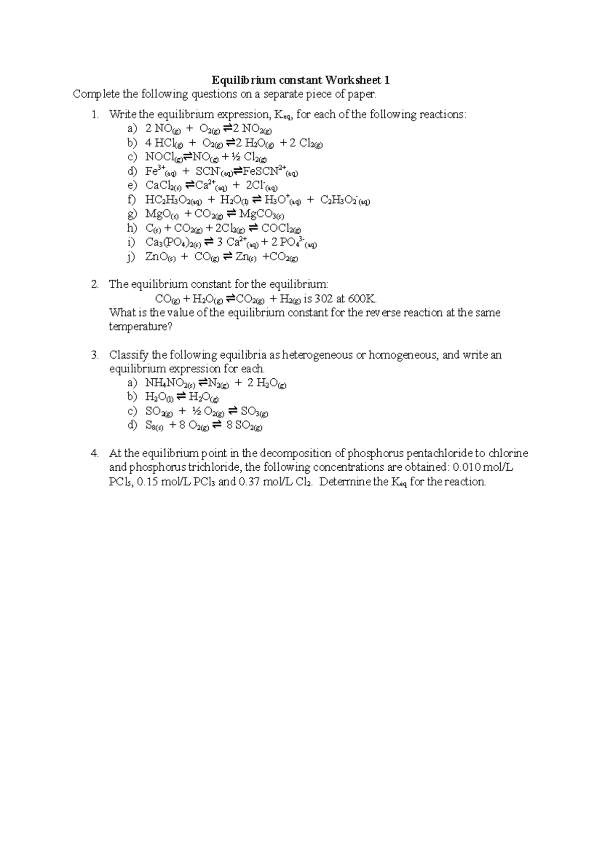 3.03 - Equilibrium Constant Worksheet 1 - Equilibrium constant ...