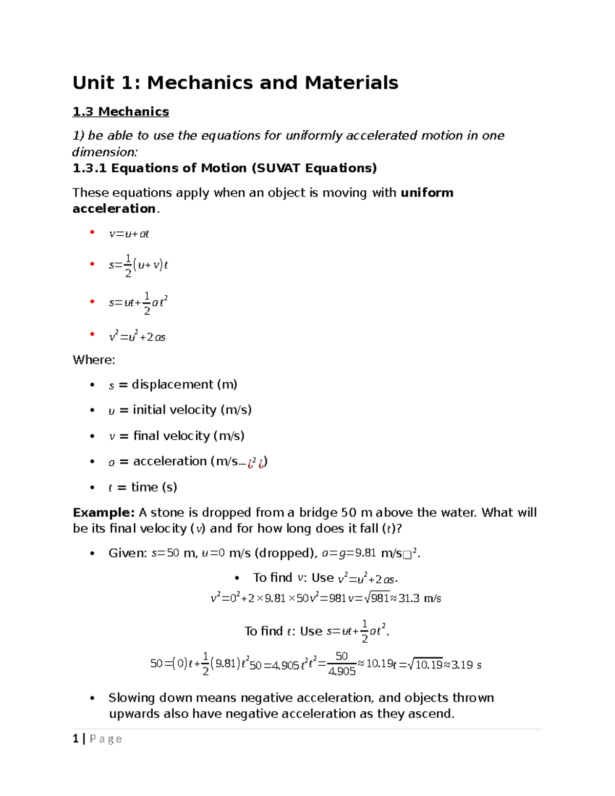 Unit 1: Mechanics and Materials - SUVAT Equations & Motion Analysis ...