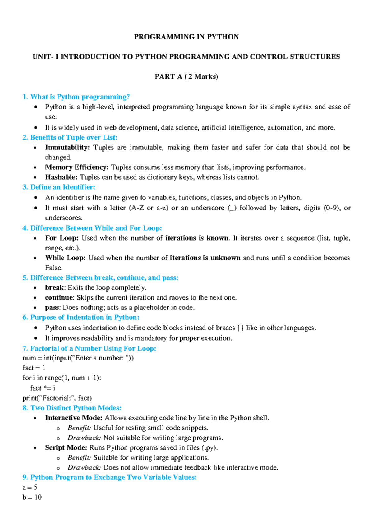 Python I Programming Notes: Control Structures & Concepts (QB) - Studocu