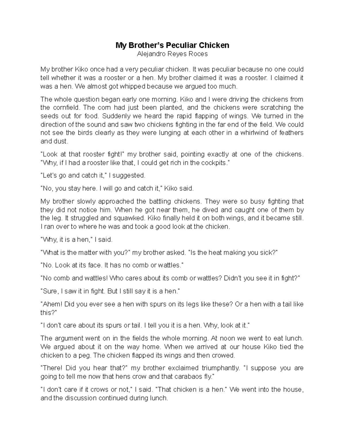 My Brother's Peculiar Chicken (Lit 101: Short Story Analysis) - Studocu