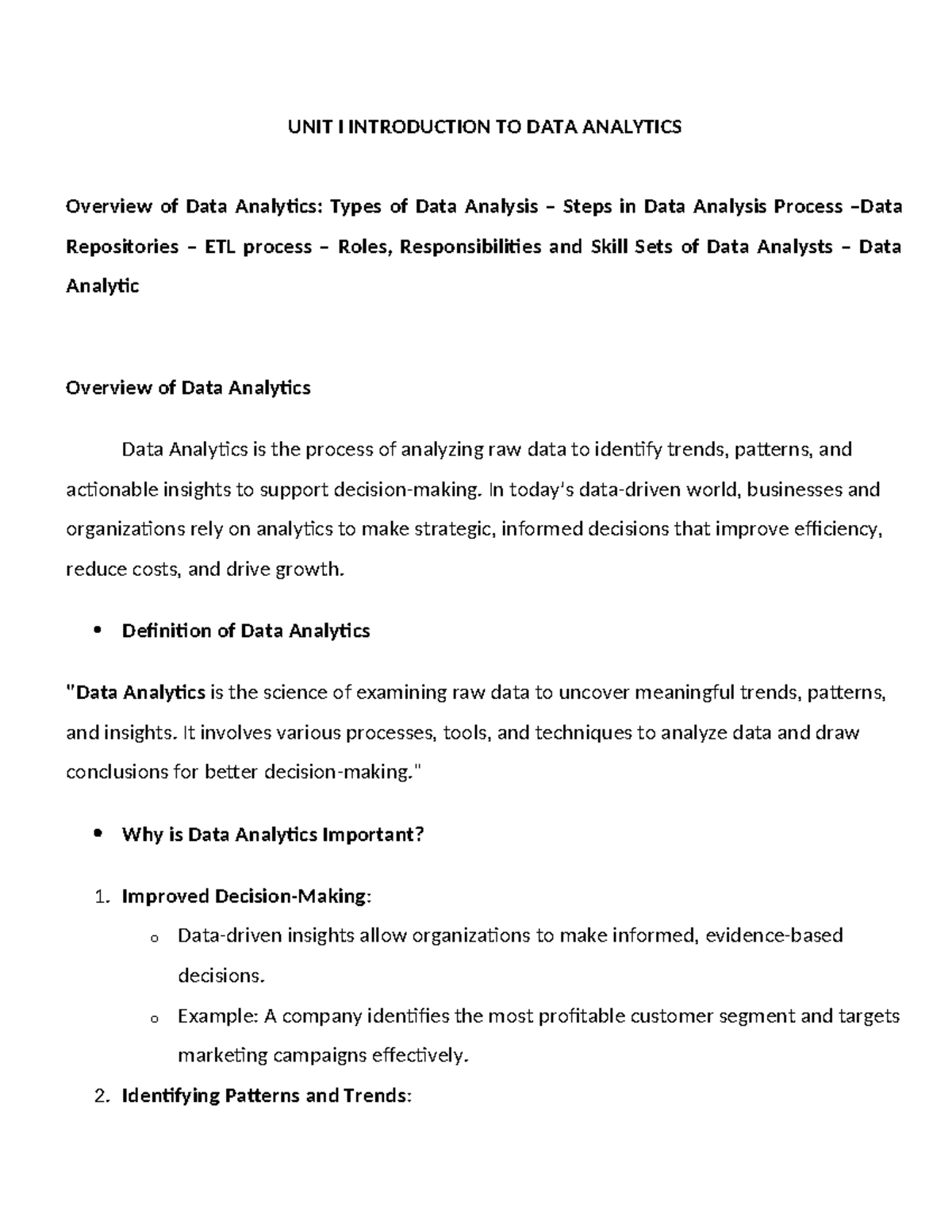 UNIT 1 - Overview of Data Analytics: Types of Data Analysis – Steps in ...