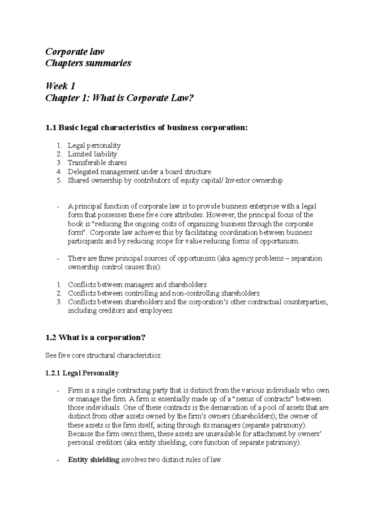 Corporate Law Lecture Notes: Chapter 1 Overview and Key Concepts ...