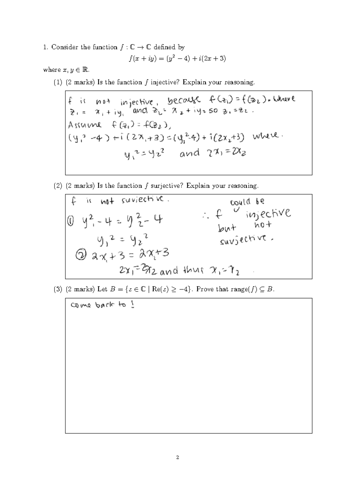 MAST10005 A3 2023S2: Analysis of Injectivity and Surjectivity of ...