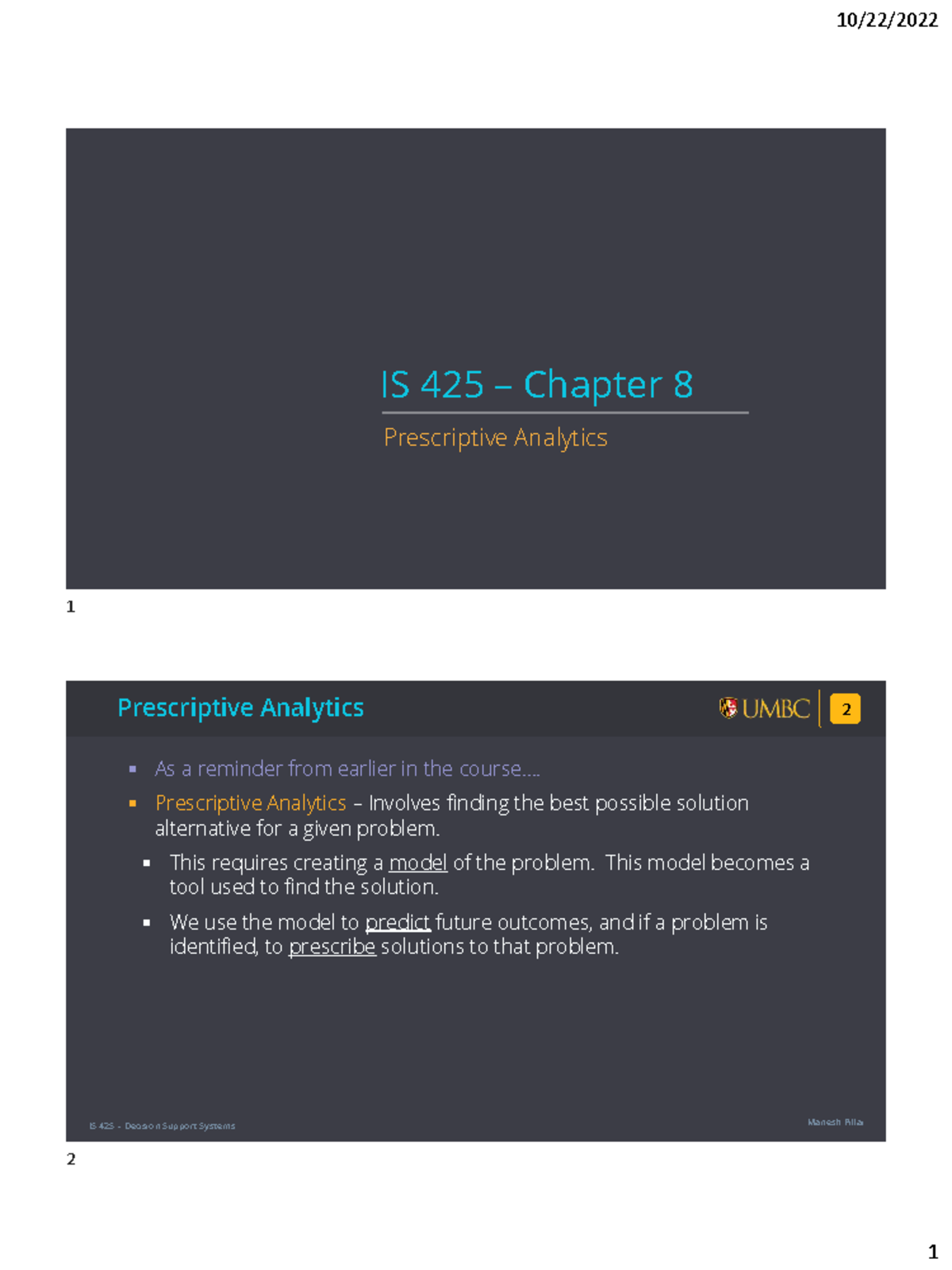 IS 425 Chapter 8: Prescriptive Analytics Overview and Key Concepts ...