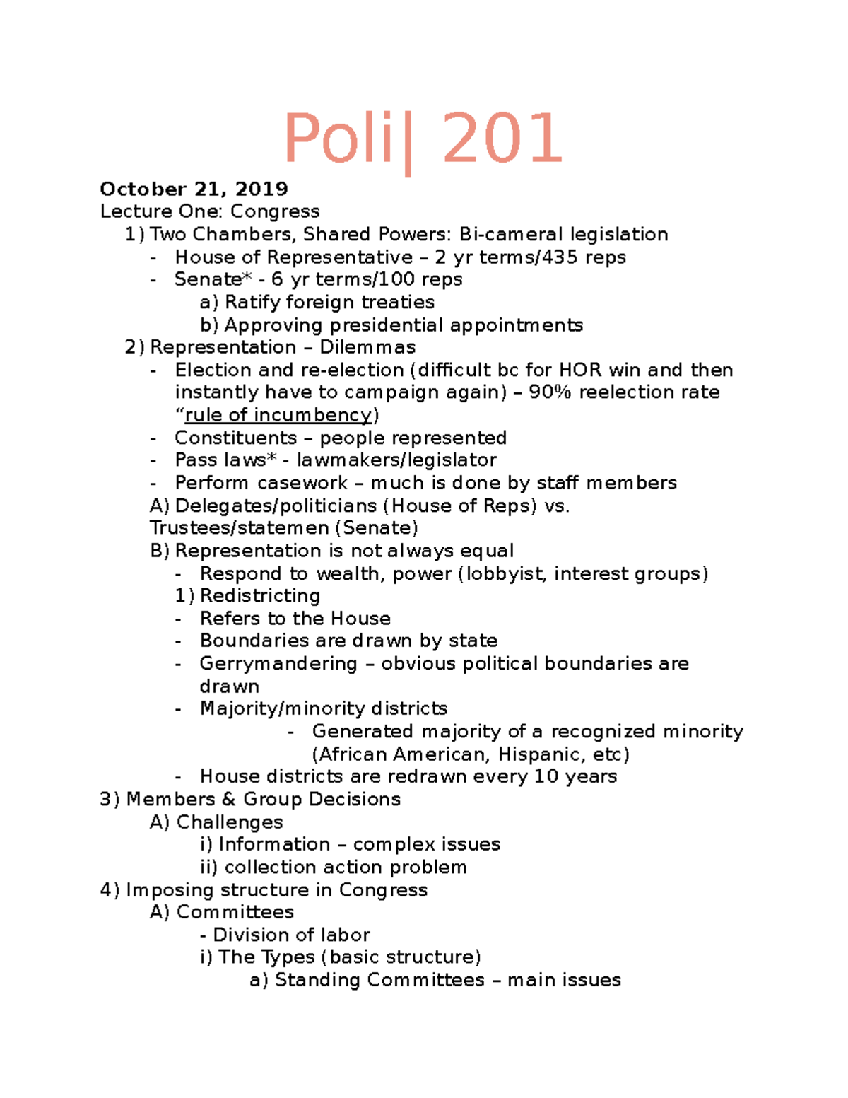 POLI SCI U3 - Lecture notes 1-3 - Poli| 201 October 21, 2019 Lecture ...