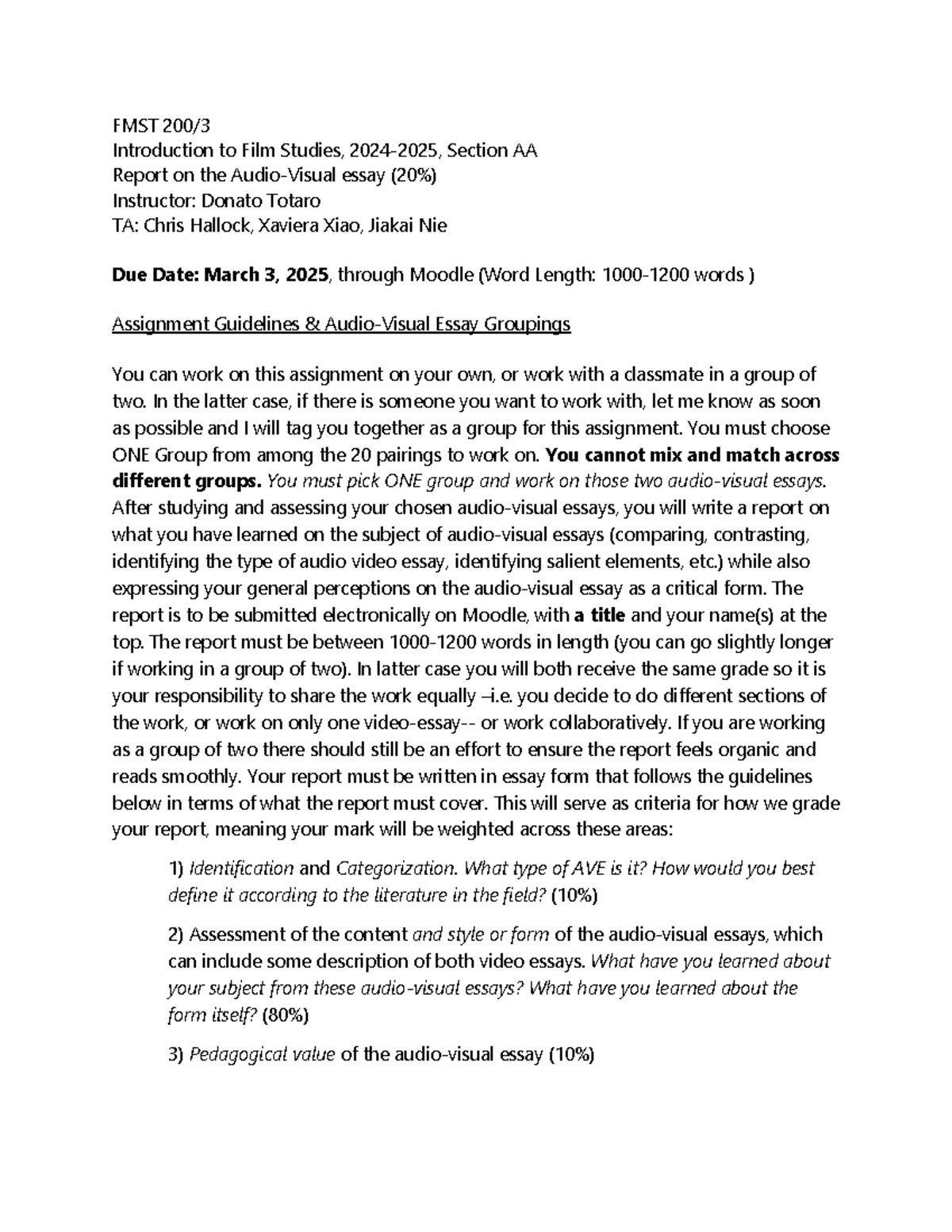 FMST 200: Audio-Visual Essay Project Guidelines - 2024-2025 - Document Preview