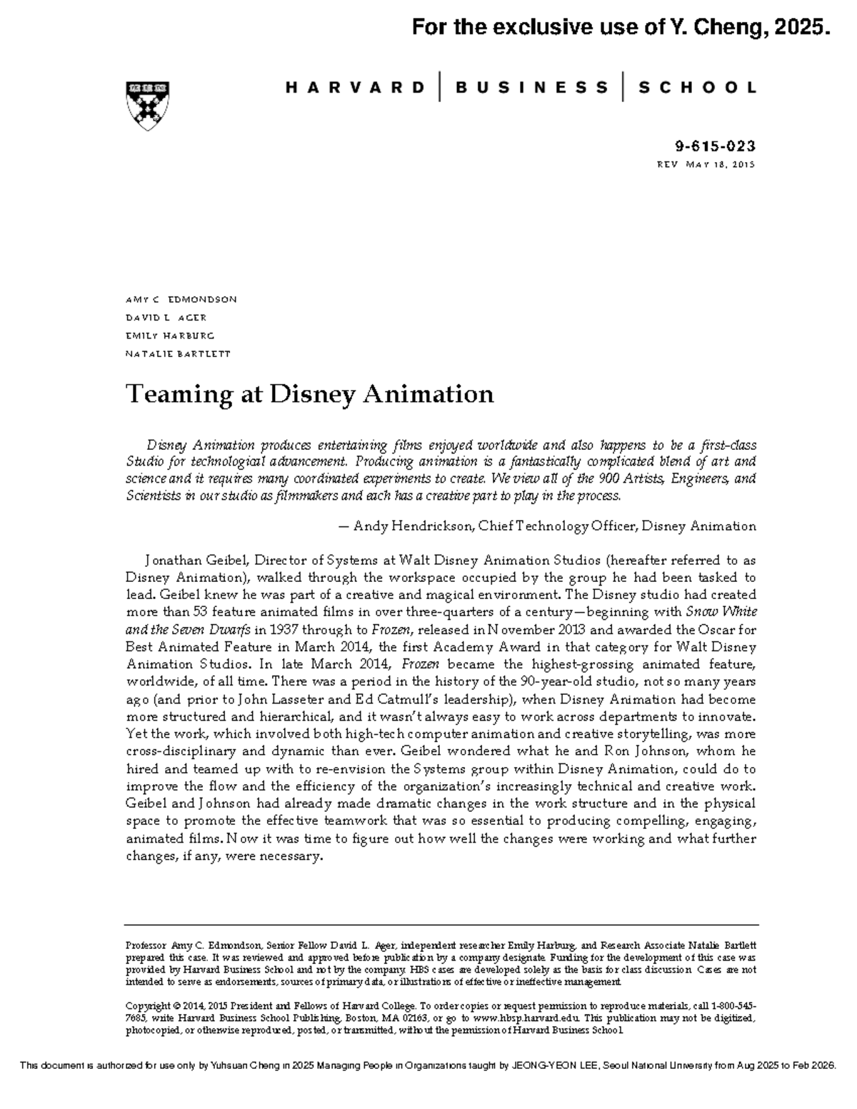 Teaming at Disney Animation: Insights for Managing People in Organizations (MPO - Document Preview