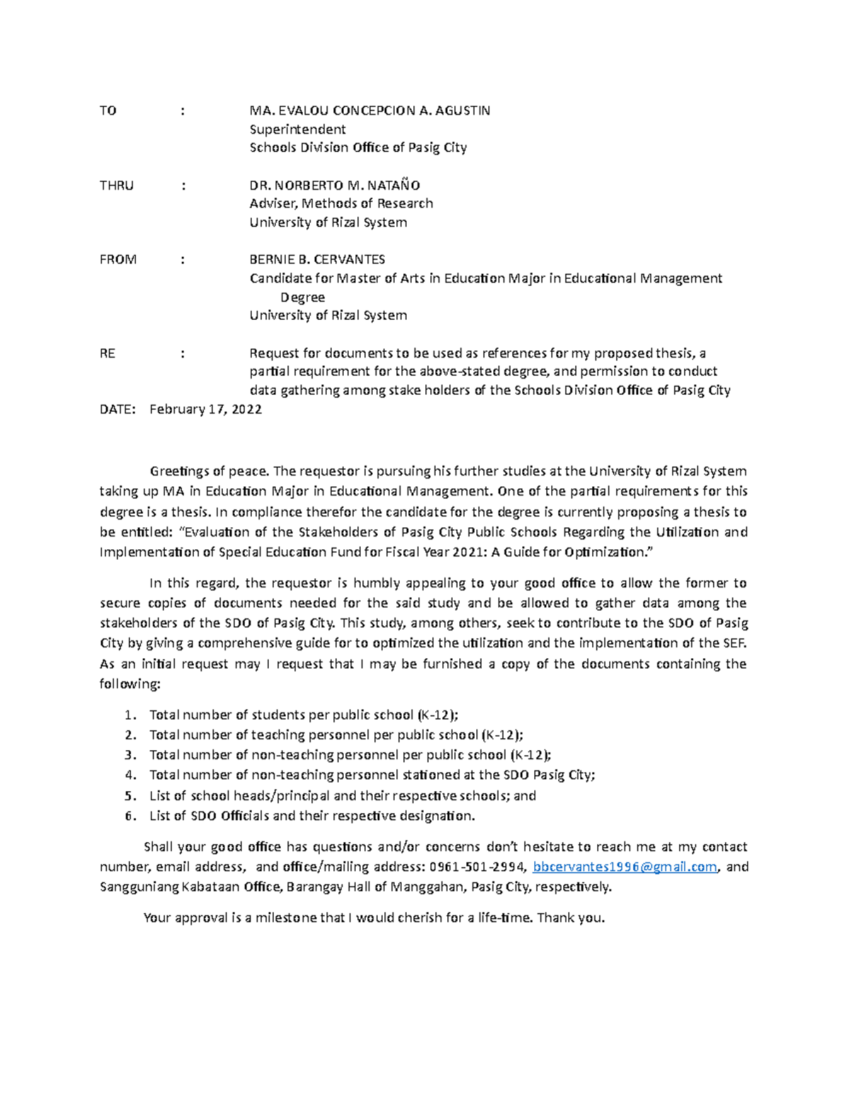 Request Letter for Thesis Documents - MAED 2022 - Studocu