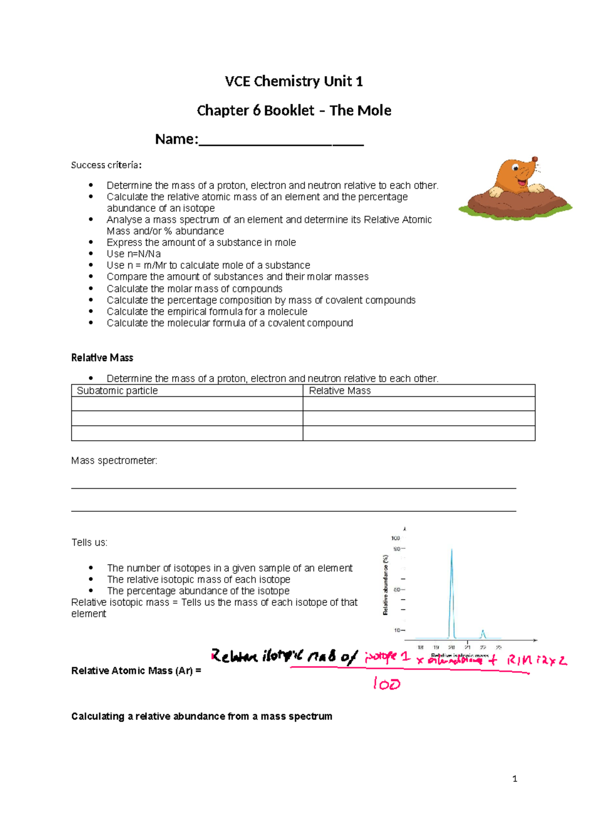 VCE Chemistry Unit 1 Chapter 6 Booklet - The Mole - VCE Chemistry Unit ...