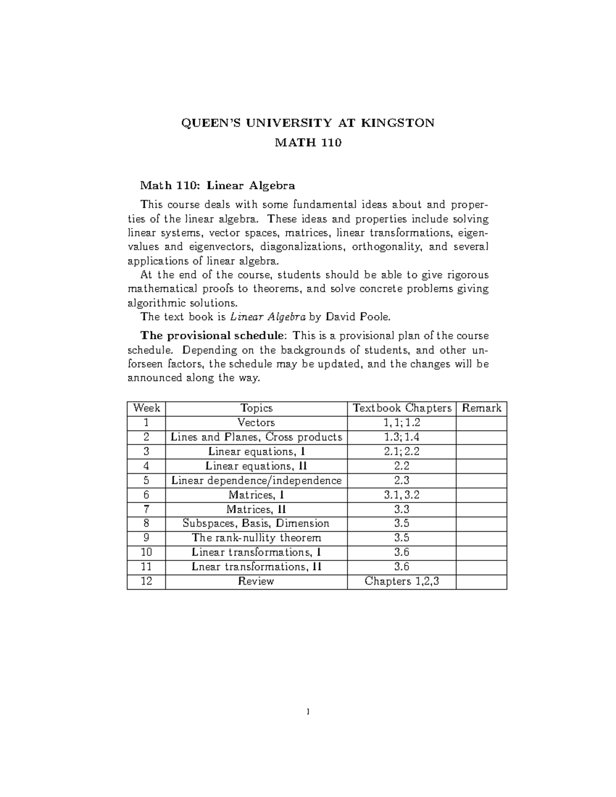 Math110f23 - Topic Breakdown for Linear Algebra Course - Studocu