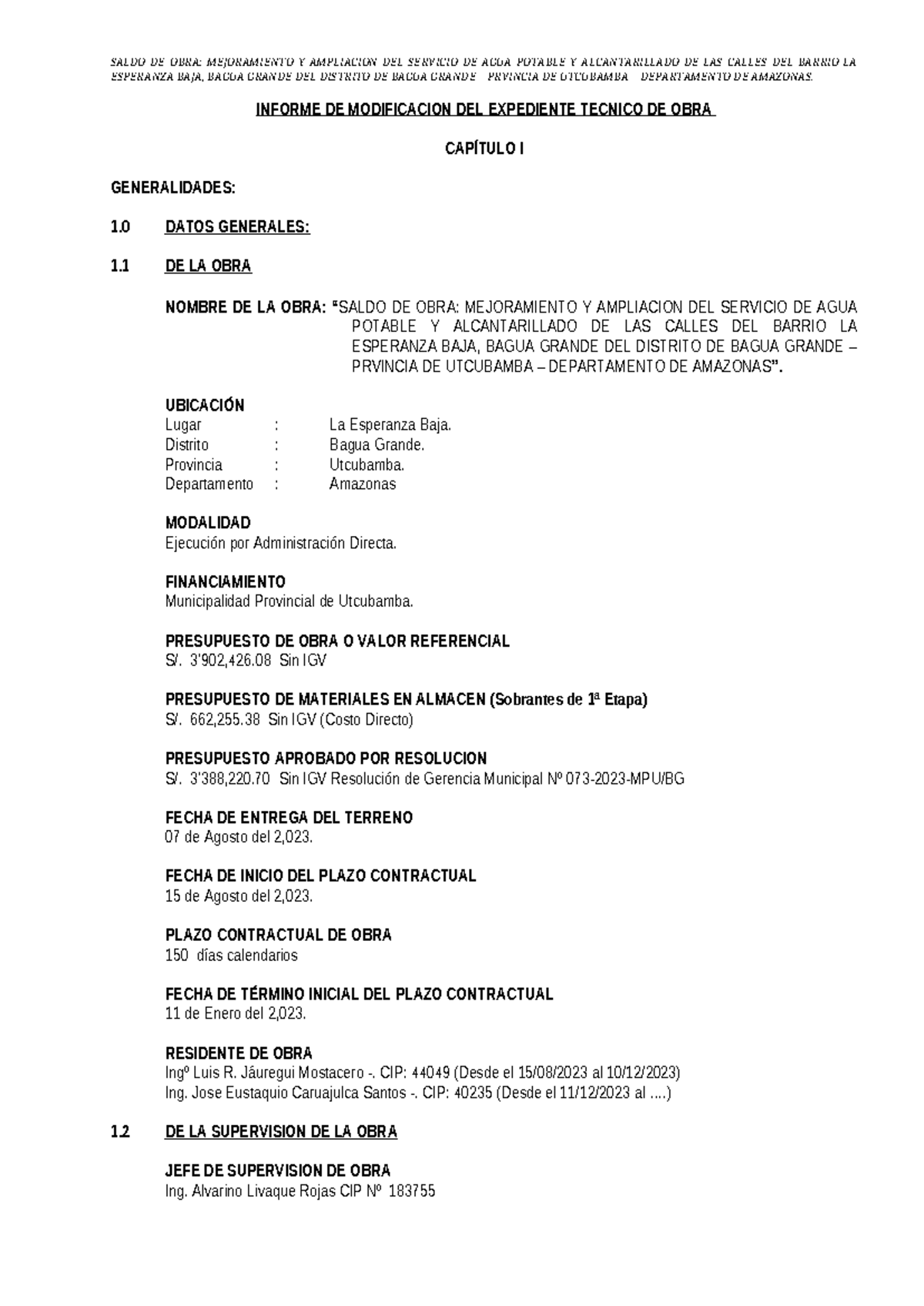 Informe de Modificación del Expediente Técnico de Obra - SALDO DE OBRA: - Document Preview