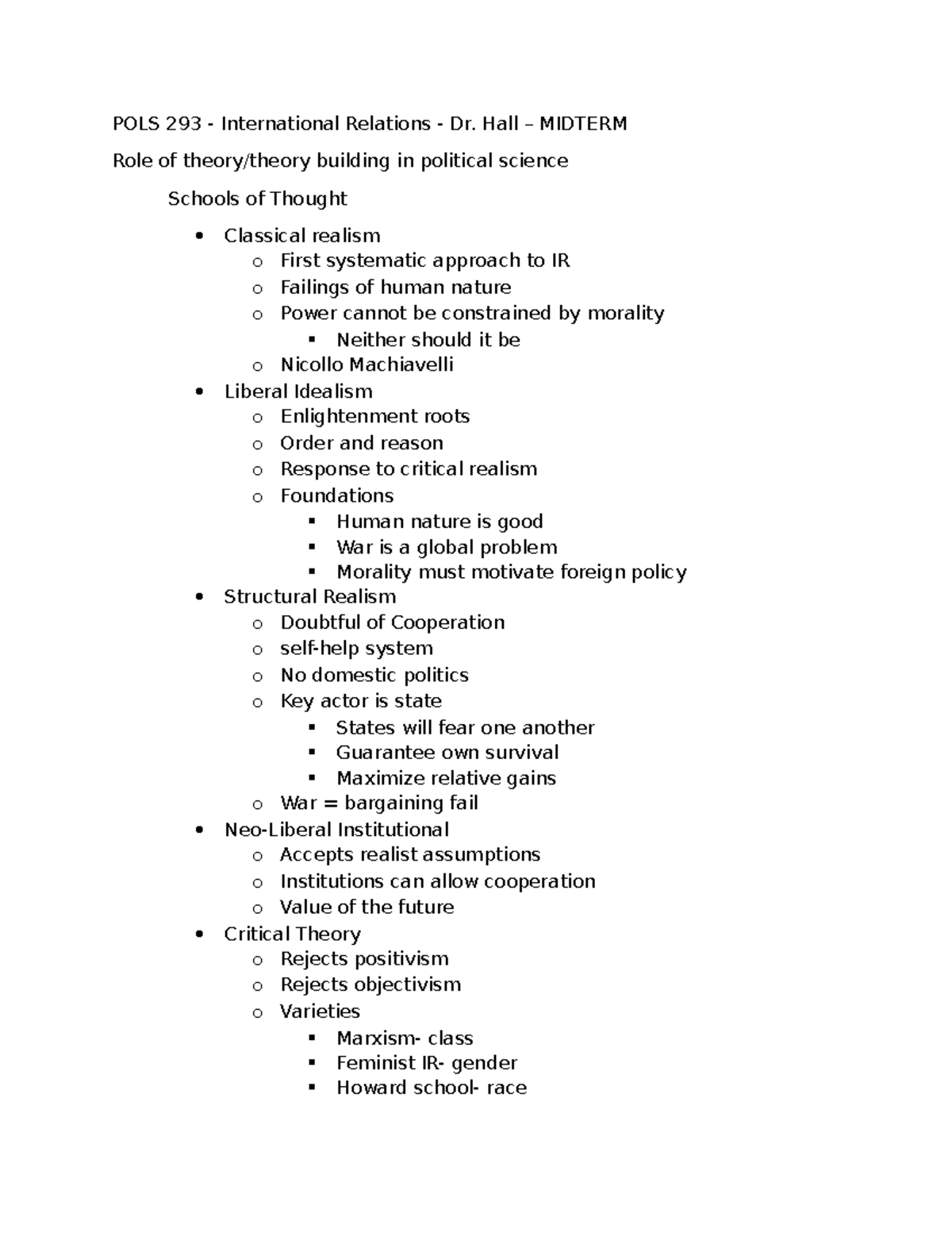 POLS 293 - International Relations - Dr. Hall - MIDTERM Exam Study ...