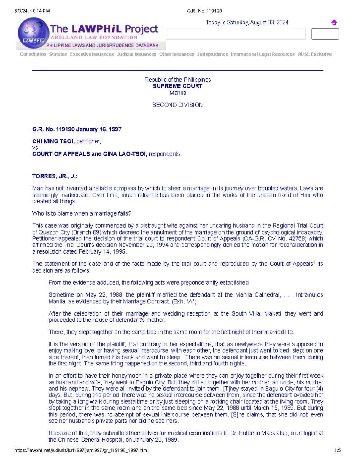 G.R. No. 119190: Case Analysis on Psychological Incapacity in Marriage ...
