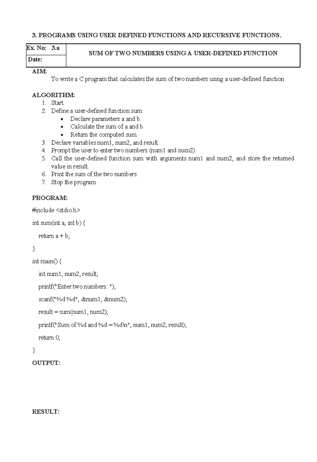 CP LAB Manual: User Defined & Recursive Functions in C - Studocu