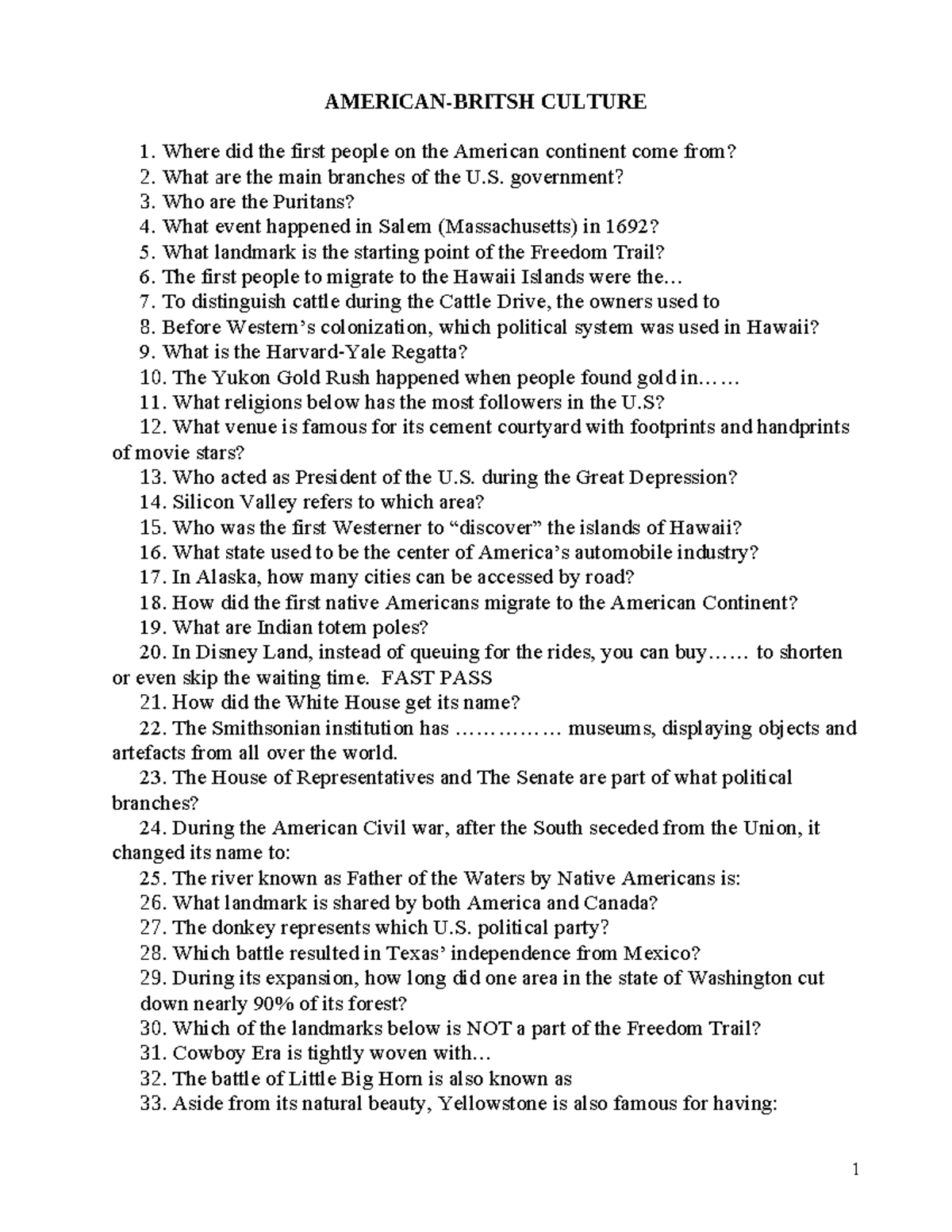 CULTURE 1 Study Guide: Key Topics in American & British History - Studocu