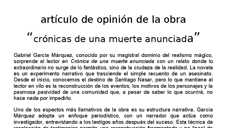 Análisis crítico de "Crónica de una muerte anunciada" de García Márquez