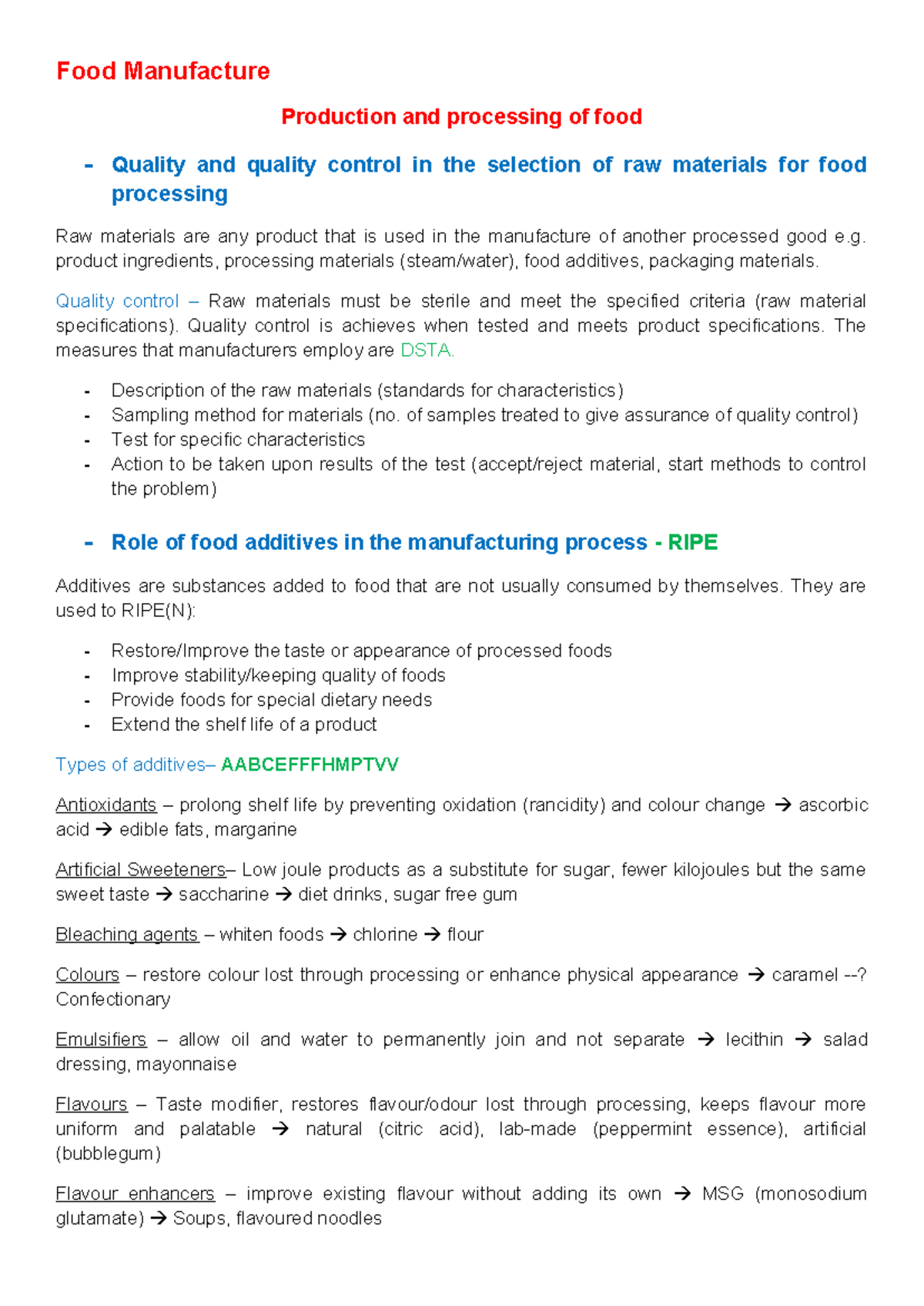 FOOD Manufacture: Year 11/12 Study Notes on Production & Quality ...