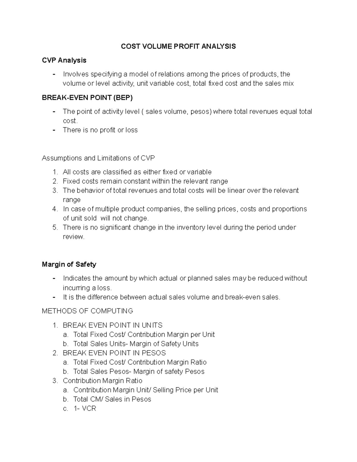 COST VOLUME PROFIT ANALYSIS - Notes & Materials for CVP Study - Studocu