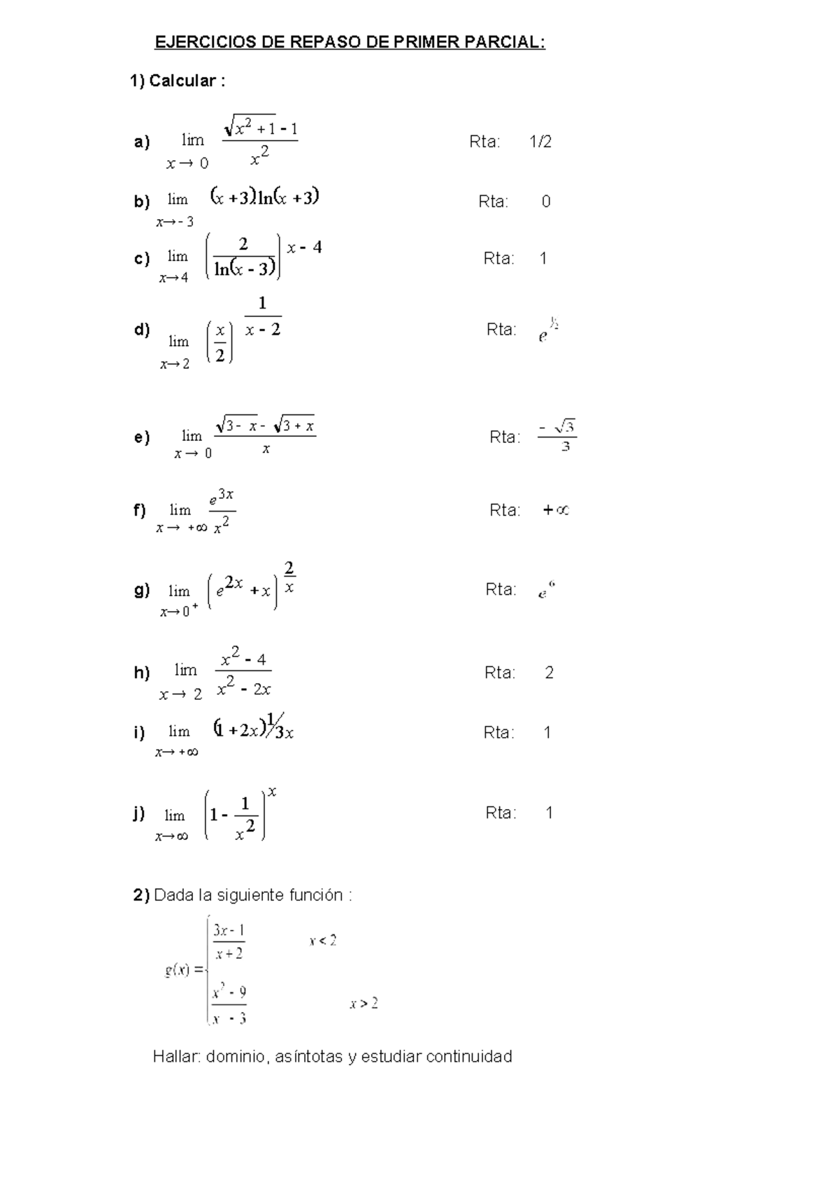 Ejercicios de Repaso para el Primer Parcial de Matemáticas - Studocu