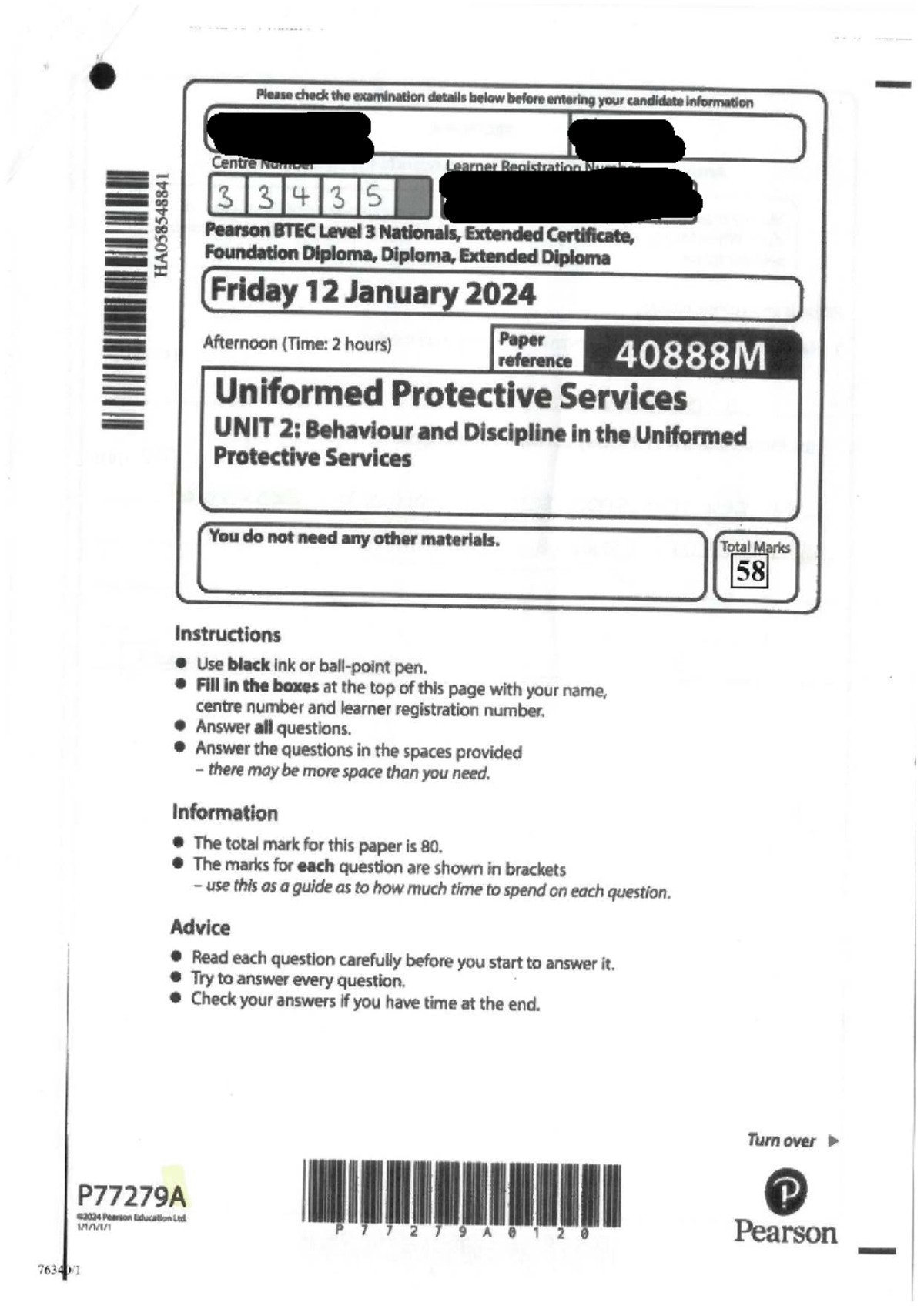 Jan 2024 Exam Paper - BTEC Level 3 UPS Unit 2: Behaviour & Discipline ...