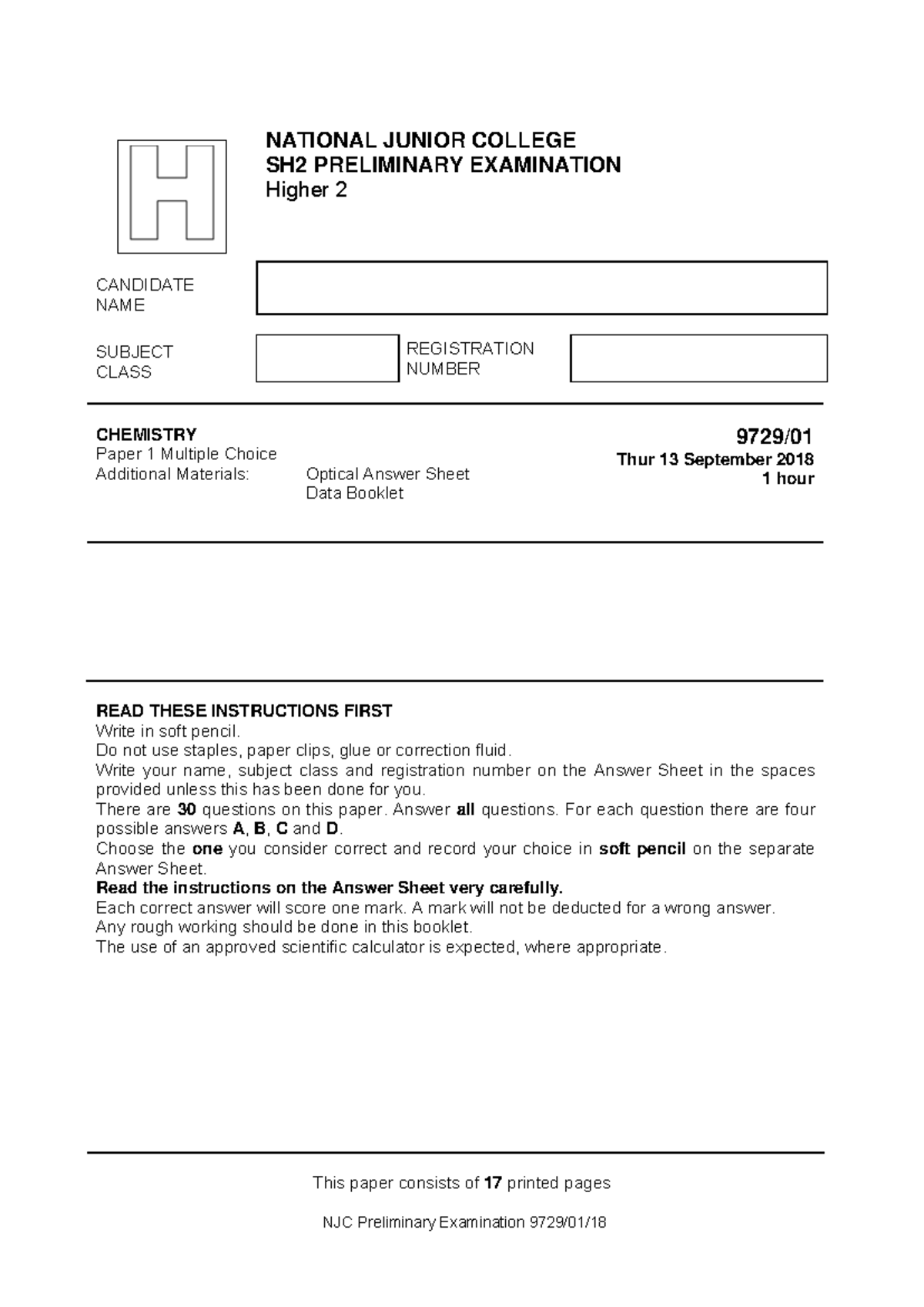NJC H2 CHEM SH2 PRELIMINARY EXAM PAPER 1 NOTES & QP - Studocu
