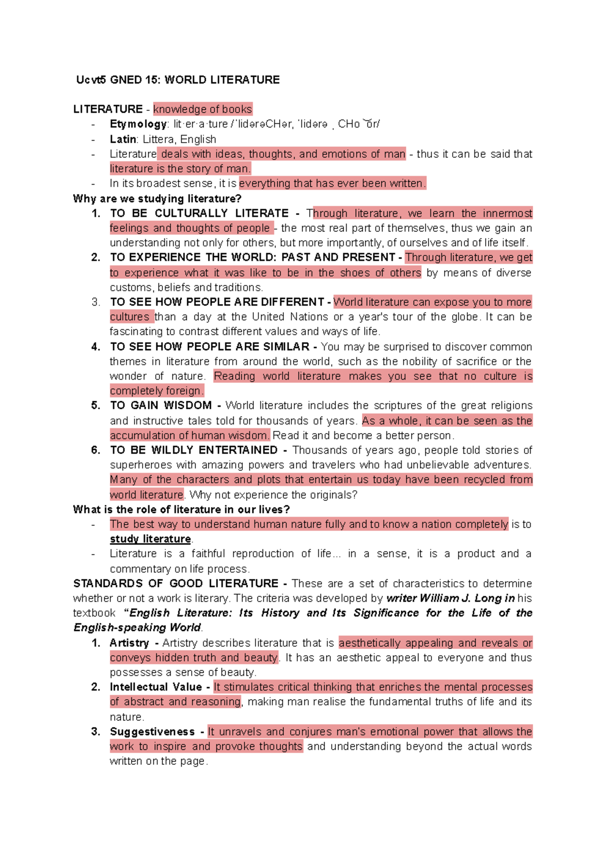 GNED 15: World Literature Overview and Key Concepts Review - Studocu