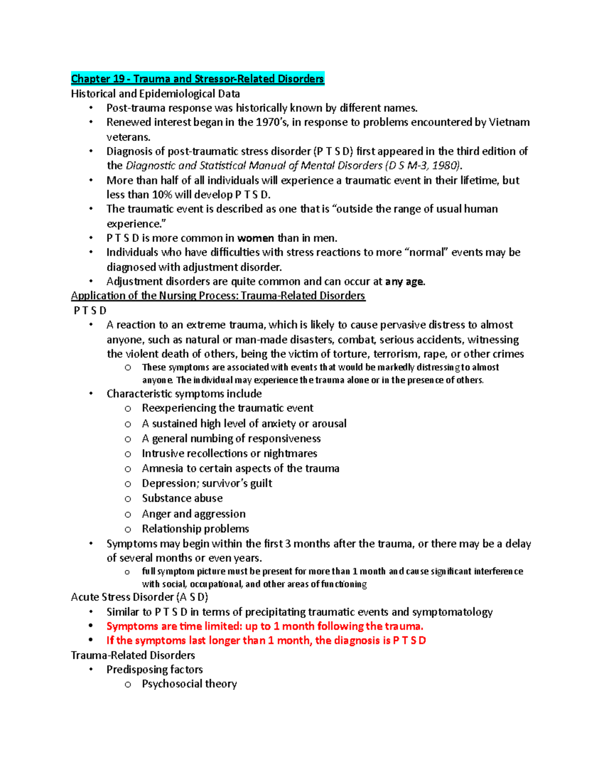 Ch 19: Trauma and Stressor-Related Disorders - Psych Notes - Studocu