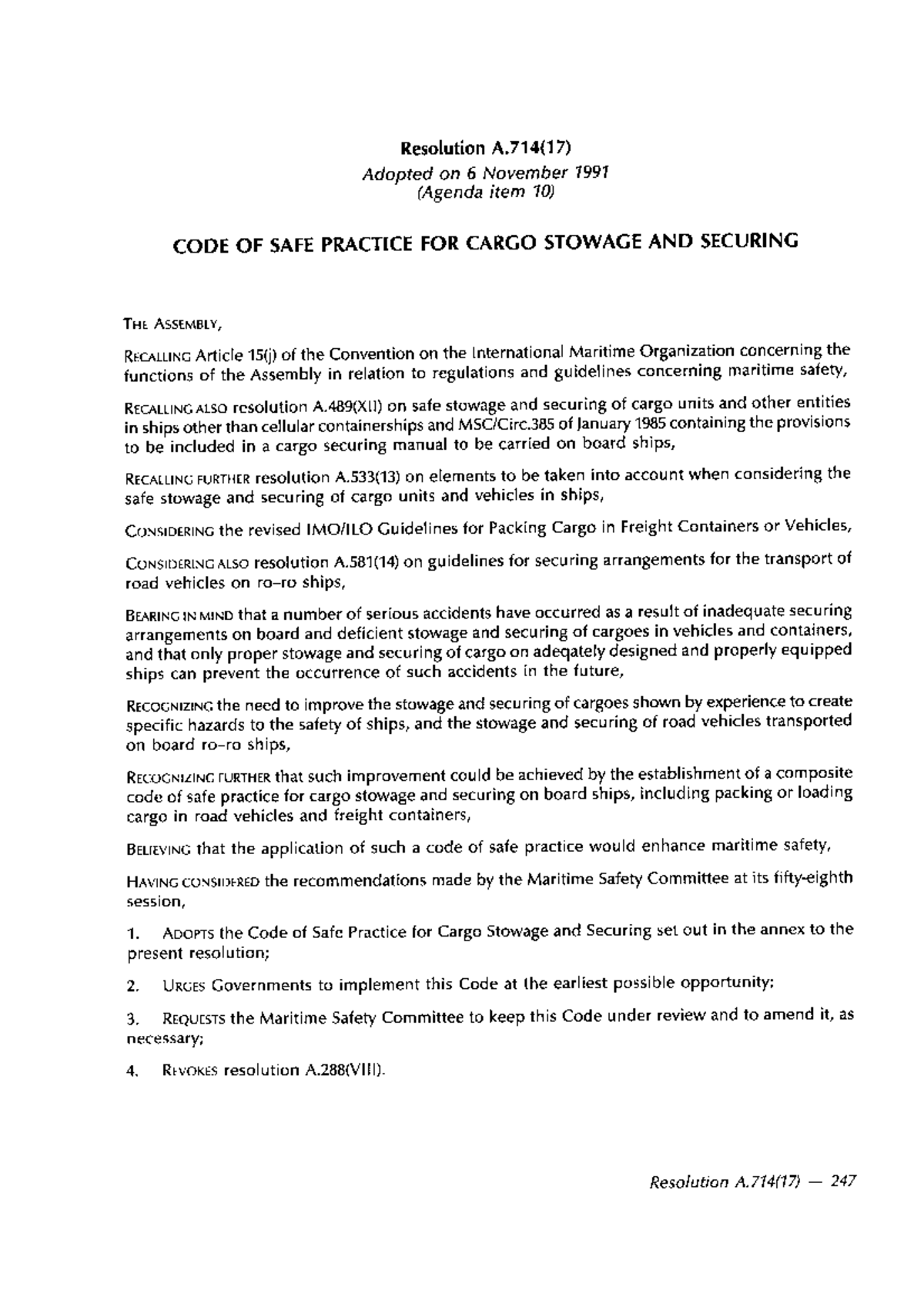 IMO Resolution A.714(17): Code of Safe Practice for Cargo Stowage and ...